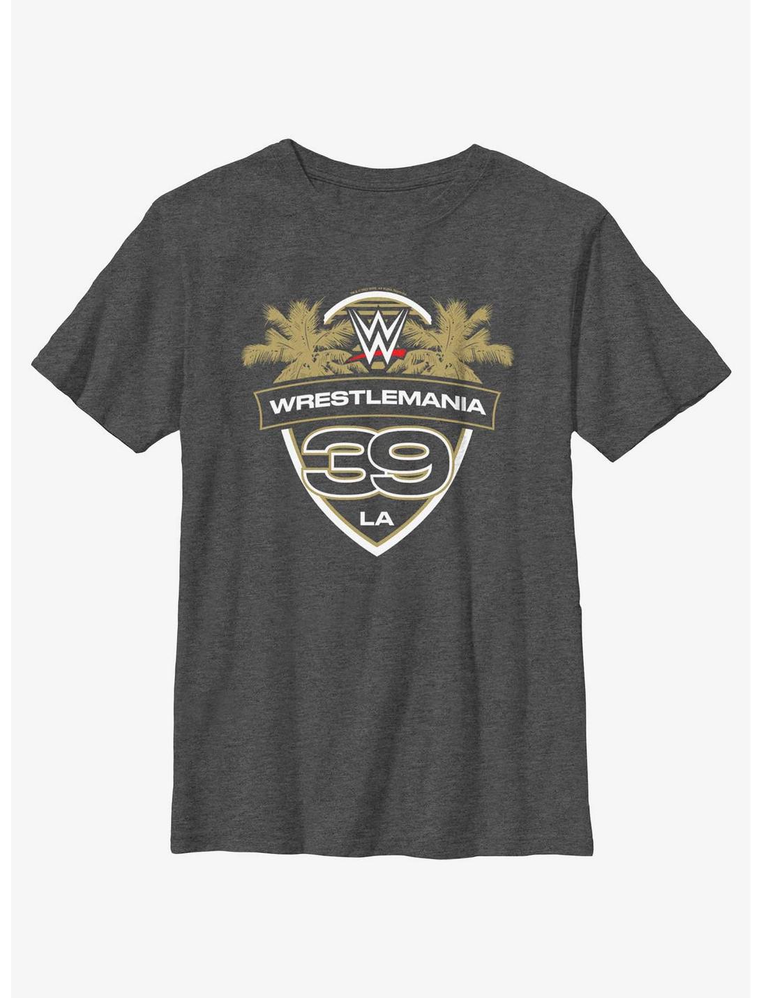 WWE WrestleMania 39 LA Shield Logo Youth T-Shirt, CHAR HTR, hi-res
