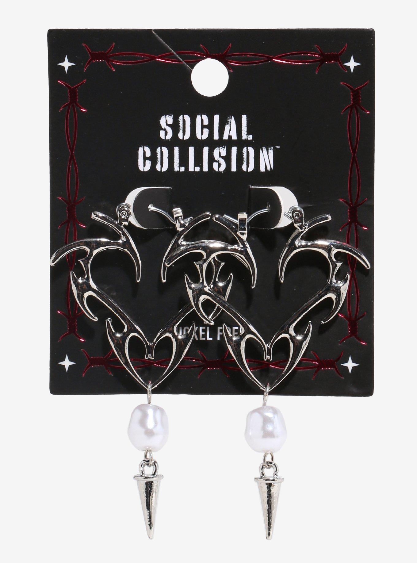 Social Collision Flame Heart Spike Drop Earrings, , hi-res
