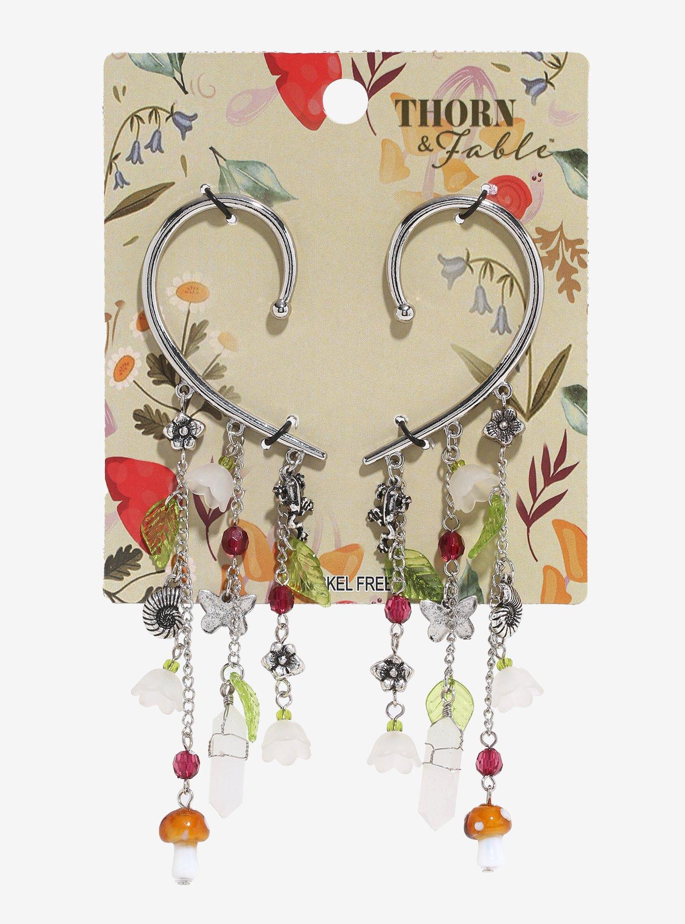 Thorn & Fable Mushroom Crystal Leaf Ear Cuff Set, , hi-res
