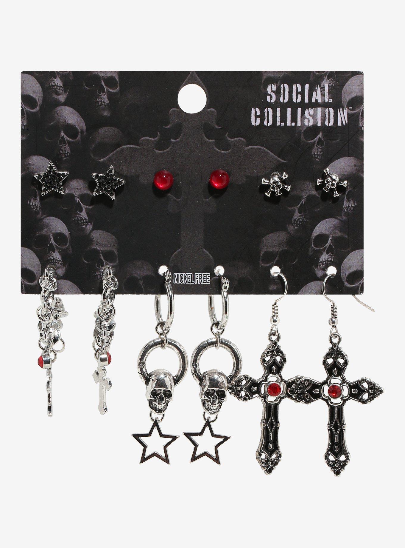 Social Collision Skull Cross Earring Set, , hi-res