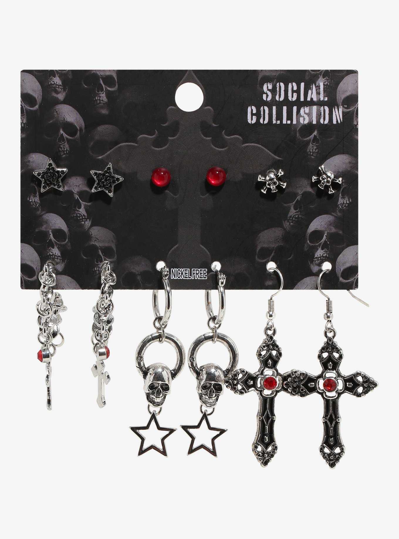 Social Collision Skull Cross Earring Set, , hi-res