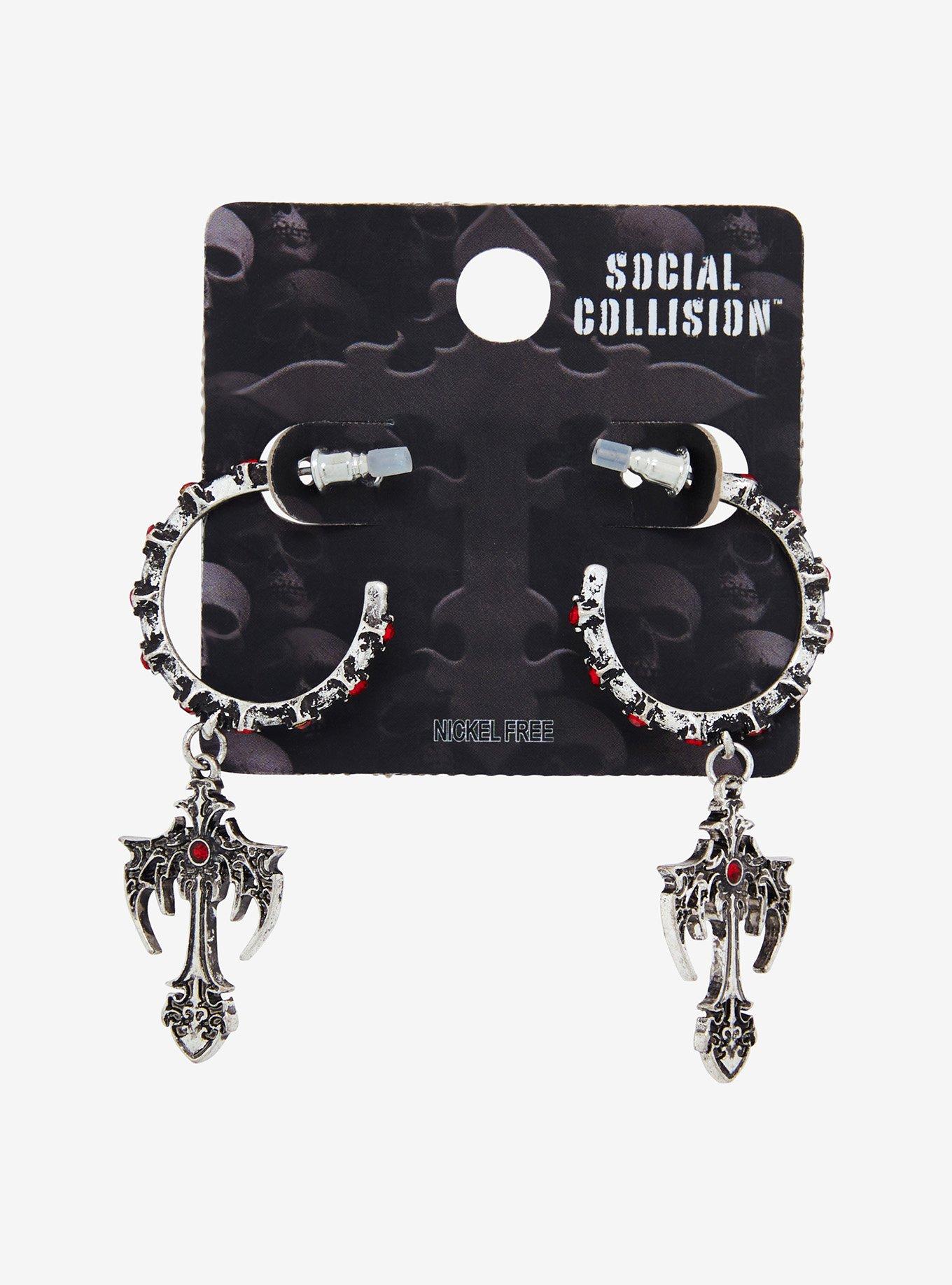 Social Collision Gothic Cross Red Gem Hoop Earrings, , hi-res