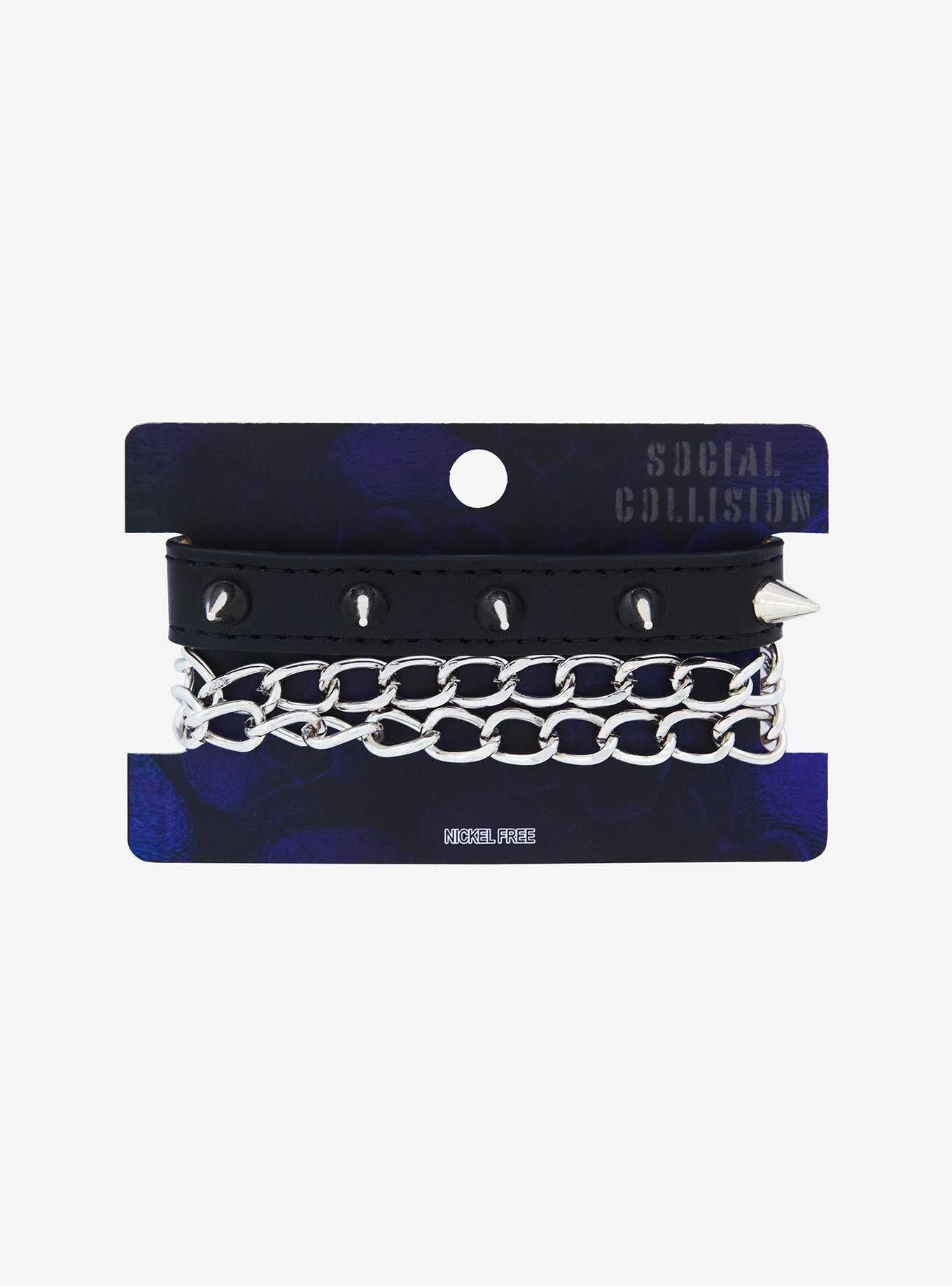 Social Collision Spike Faux Leather Chain Bracelet Set, , hi-res