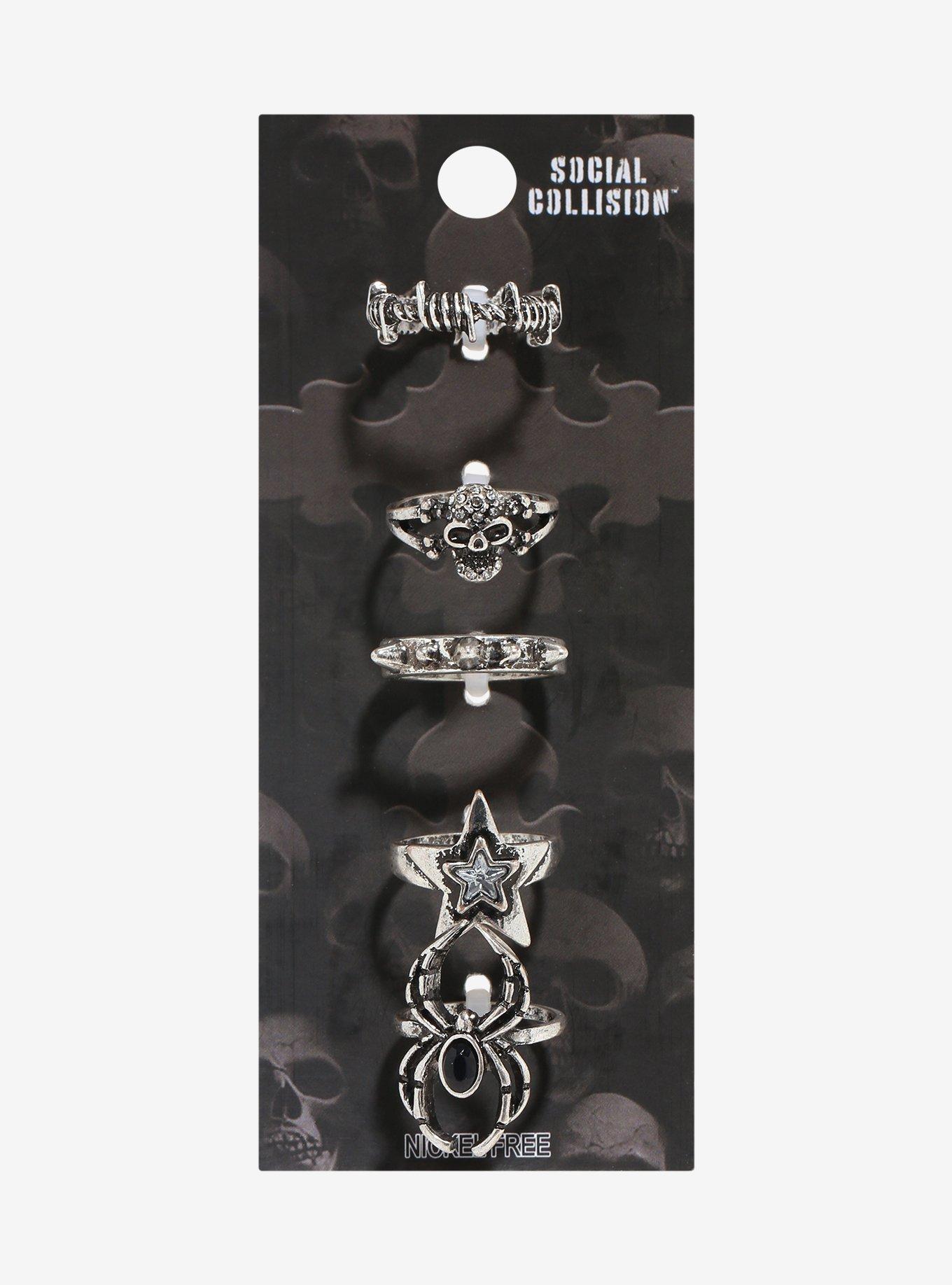 Social Collision Skull Spider Spike Ring Set, , hi-res