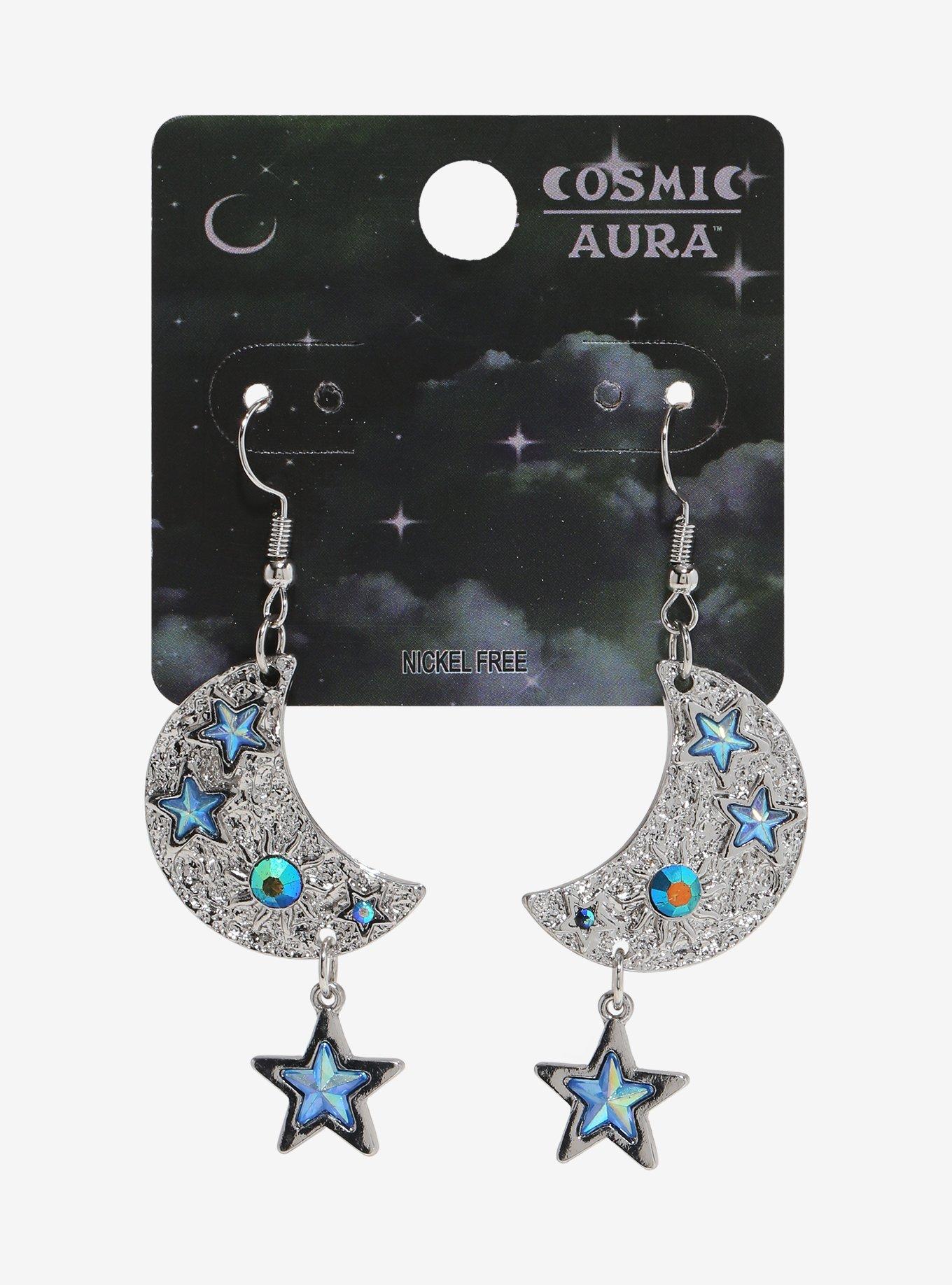 Cosmic Aura Moon Blue Gem Earrings, , hi-res