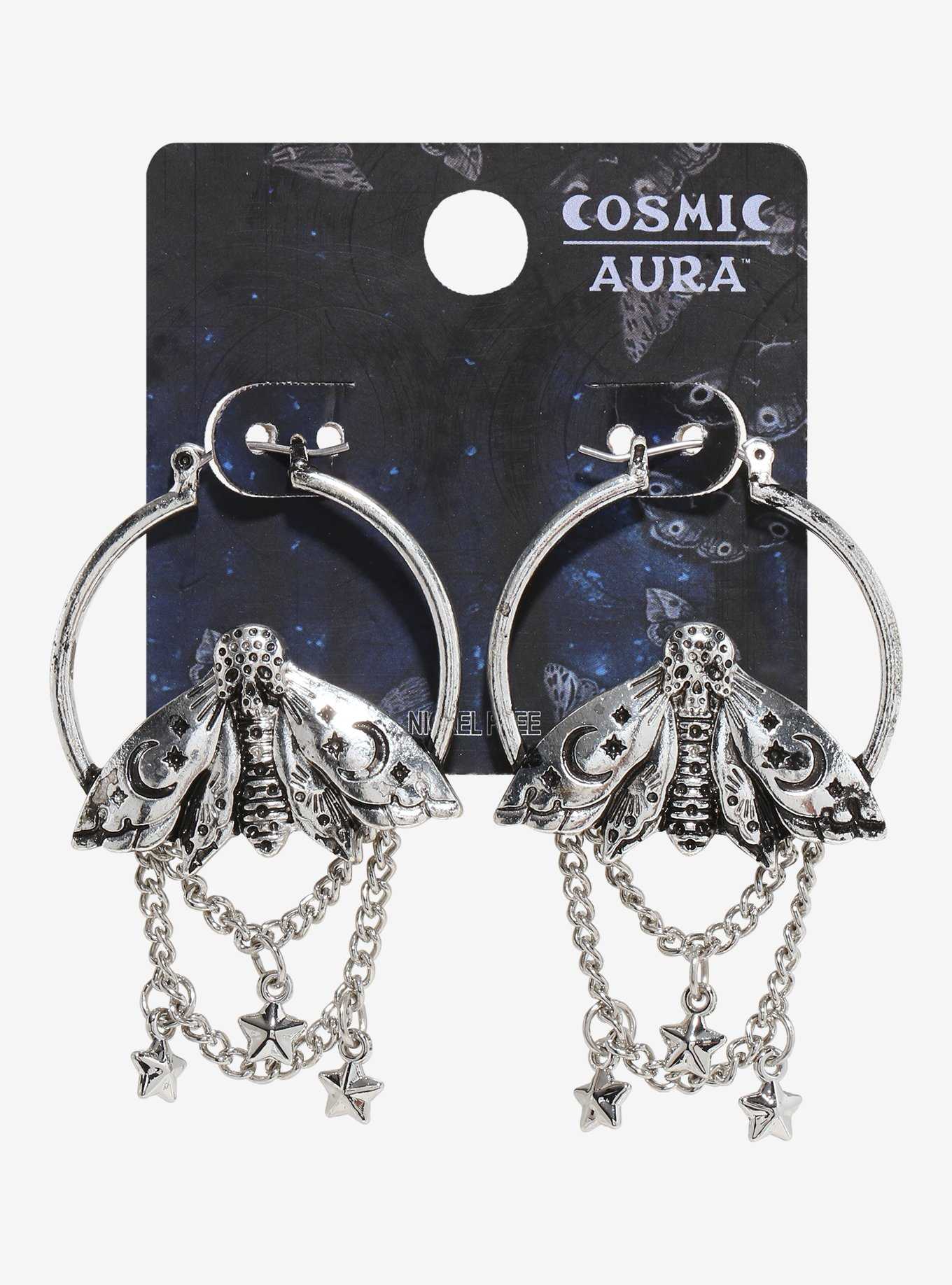 Cosmic Aura Moth Star Chain Hoop Earrings, , hi-res