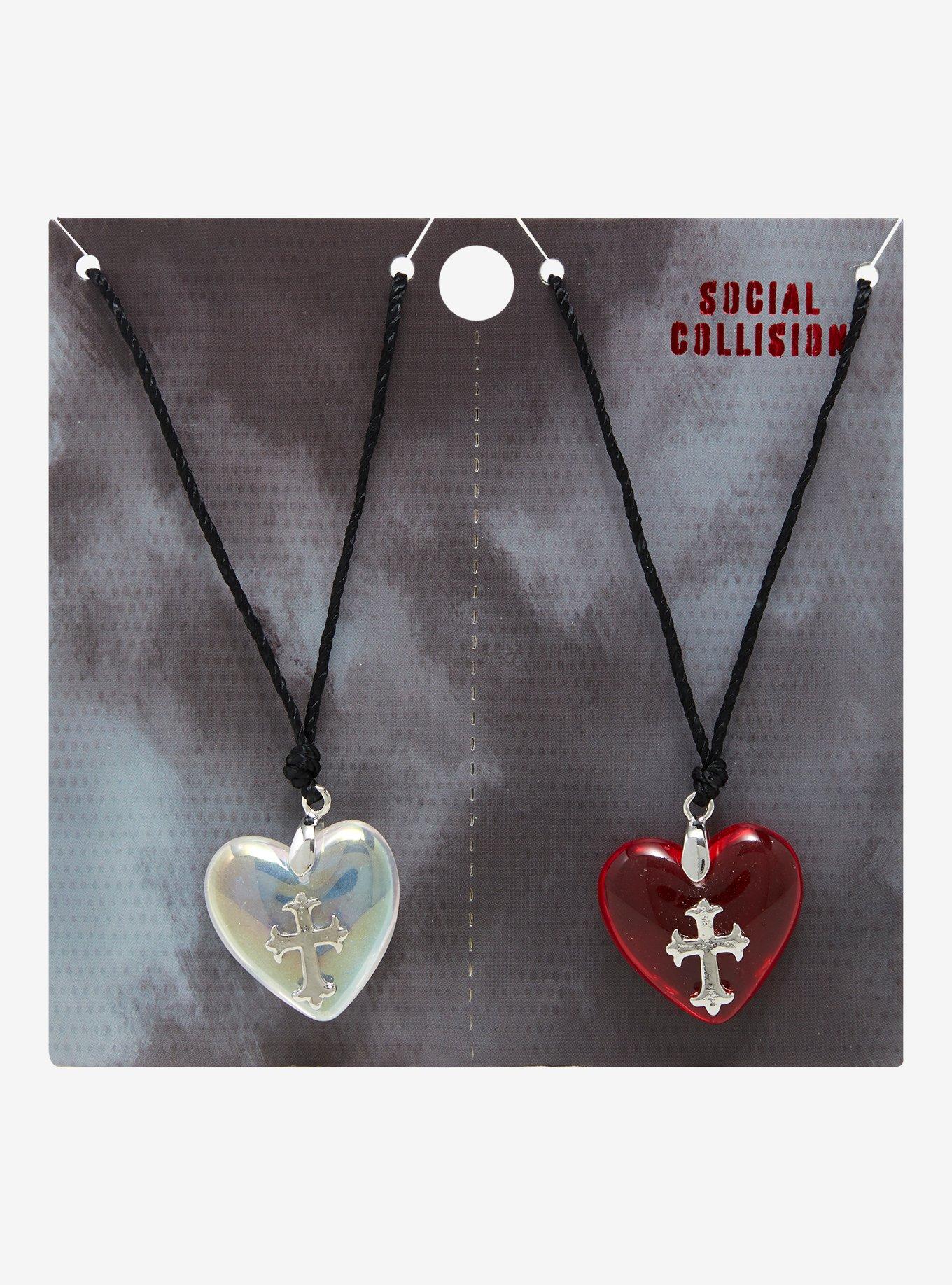 Social Collision Cross Bubble Heart Best Friend Cord Necklace Set, , hi-res