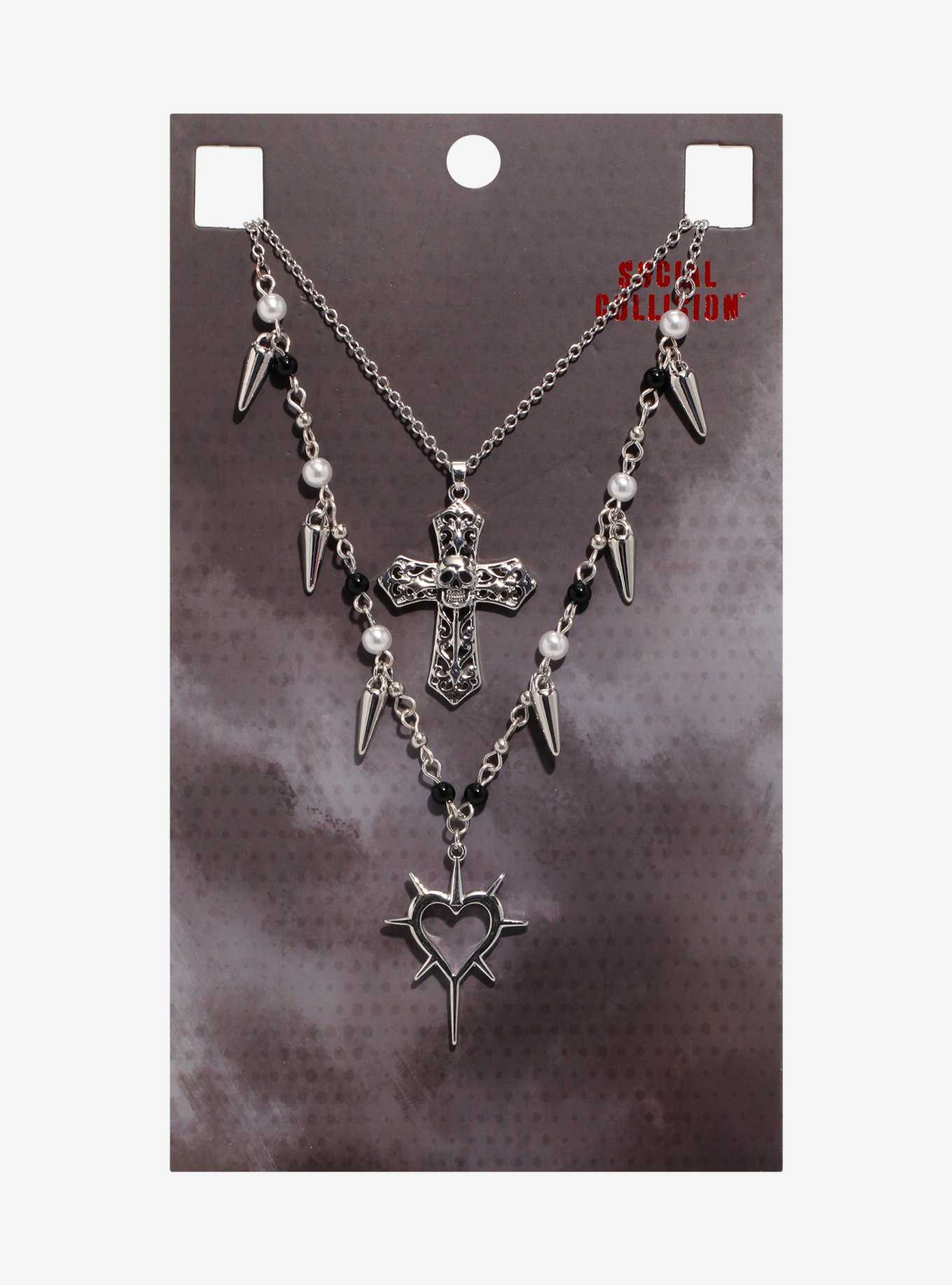 Social Collision Spike Heart Goth Cross Necklace Set, , hi-res