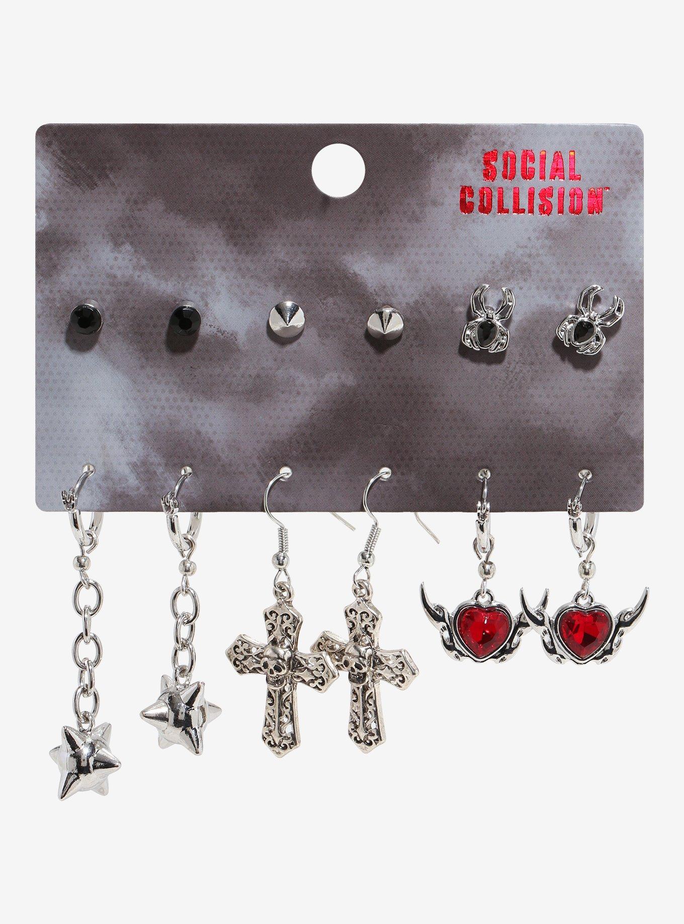 Social Collision Gem Heart Cross Earring Set, , hi-res