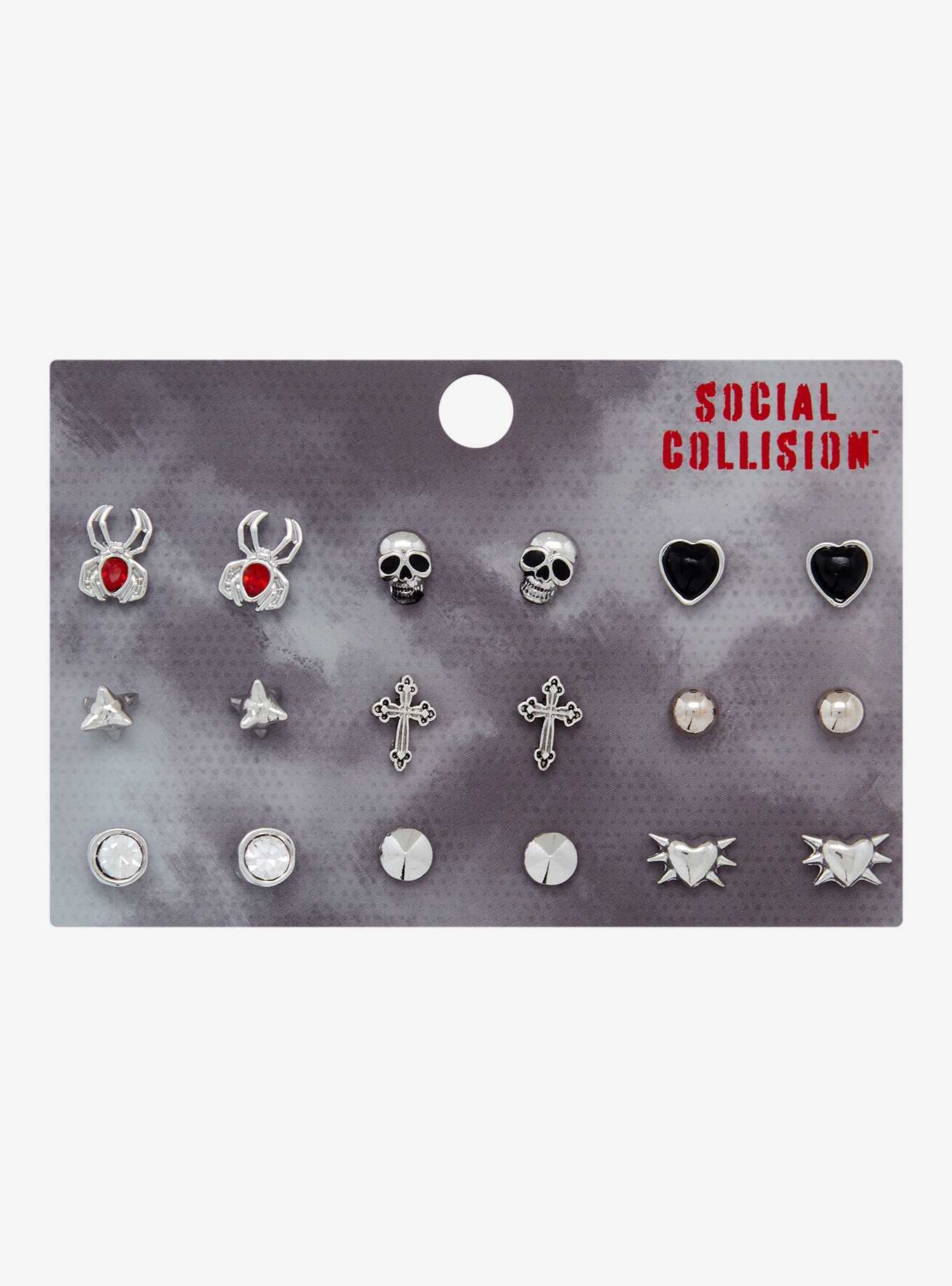 Social Collision Gothic Spider Skull Heart Earring Set, , hi-res