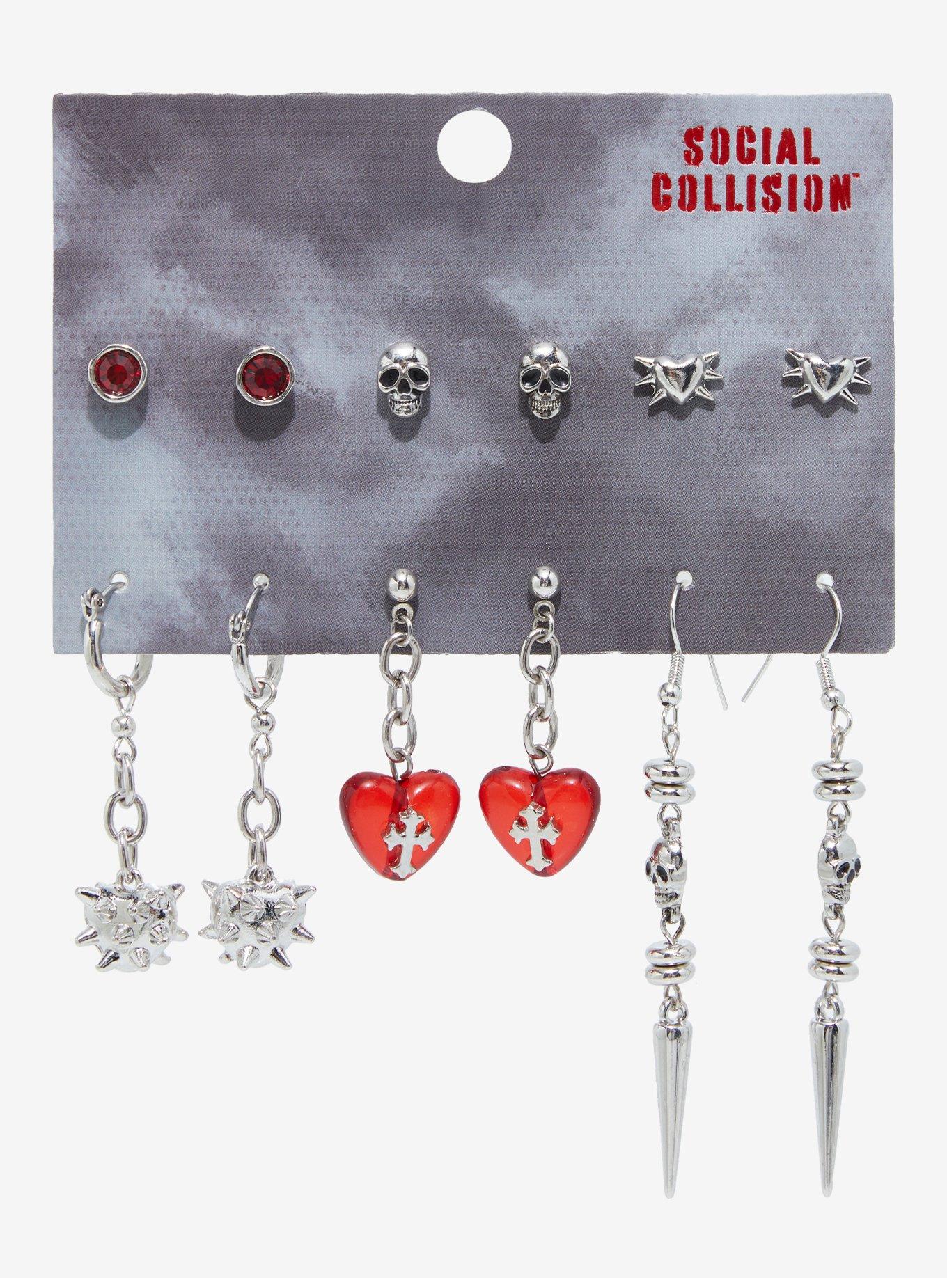 Social Collision Heart Cross Spike Earring Set, , hi-res