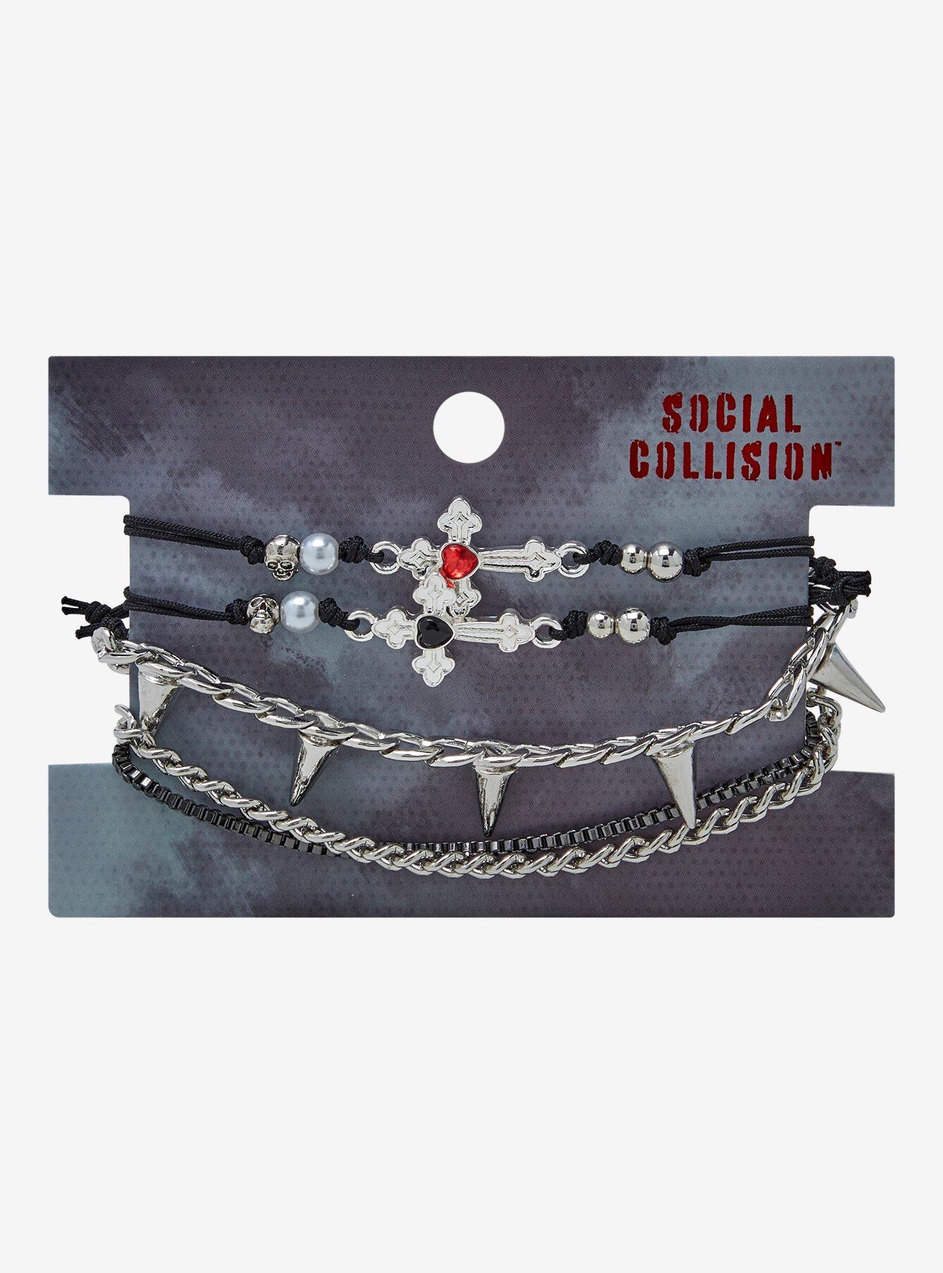 Social Collision Goth Cross Spike Bracelet Set, , hi-res