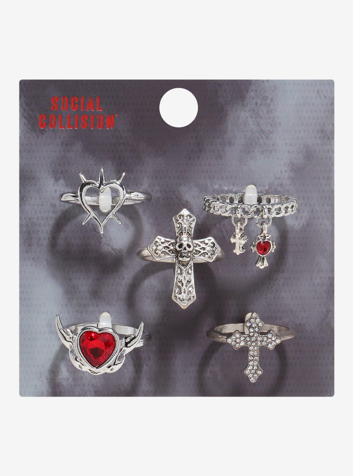 Social Collision Red Gem Skull Heart Ring Set, , hi-res