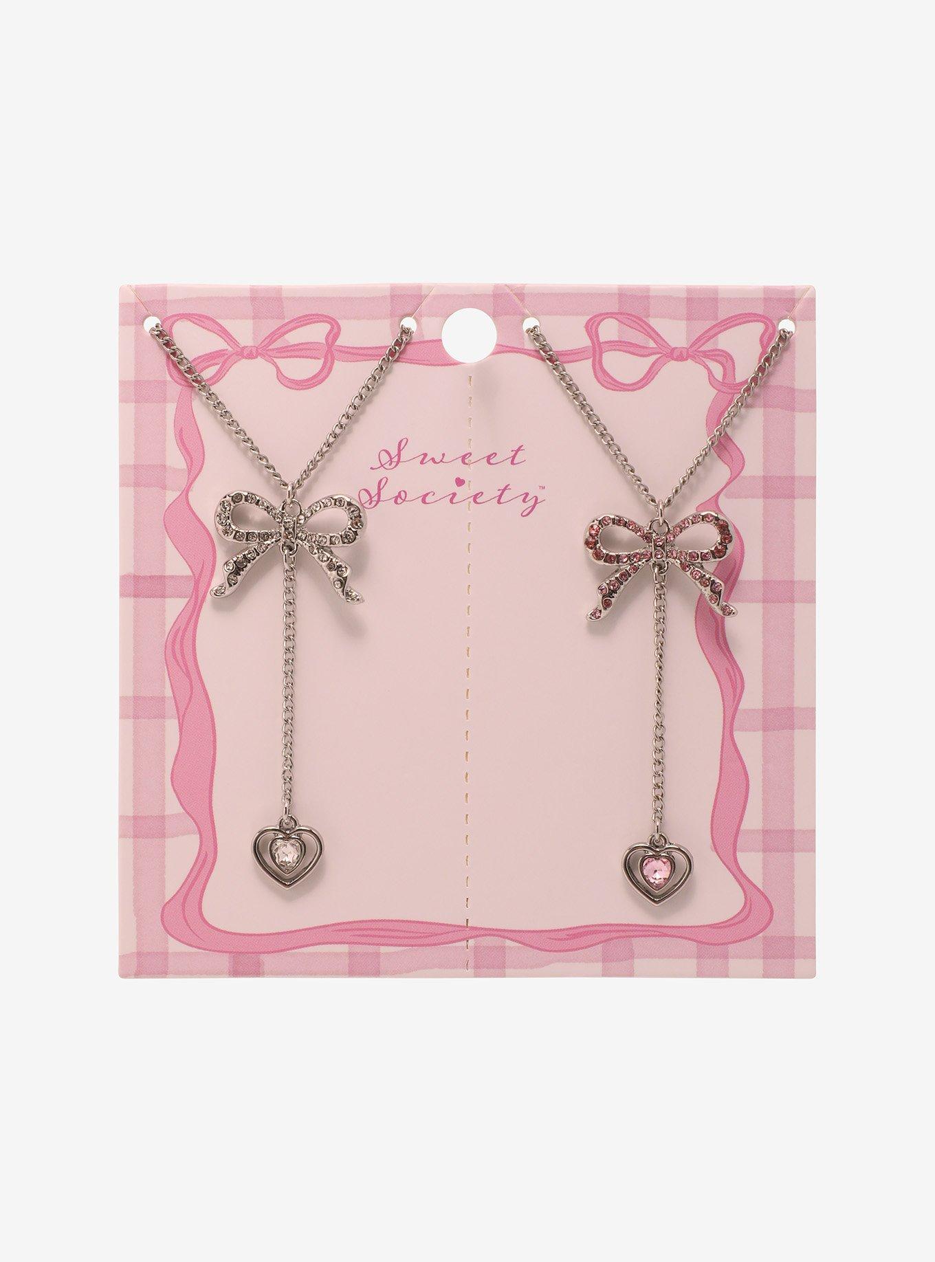 Sweet Society Rhinestone Bow Heart Best Friend Necklace Set, , hi-res