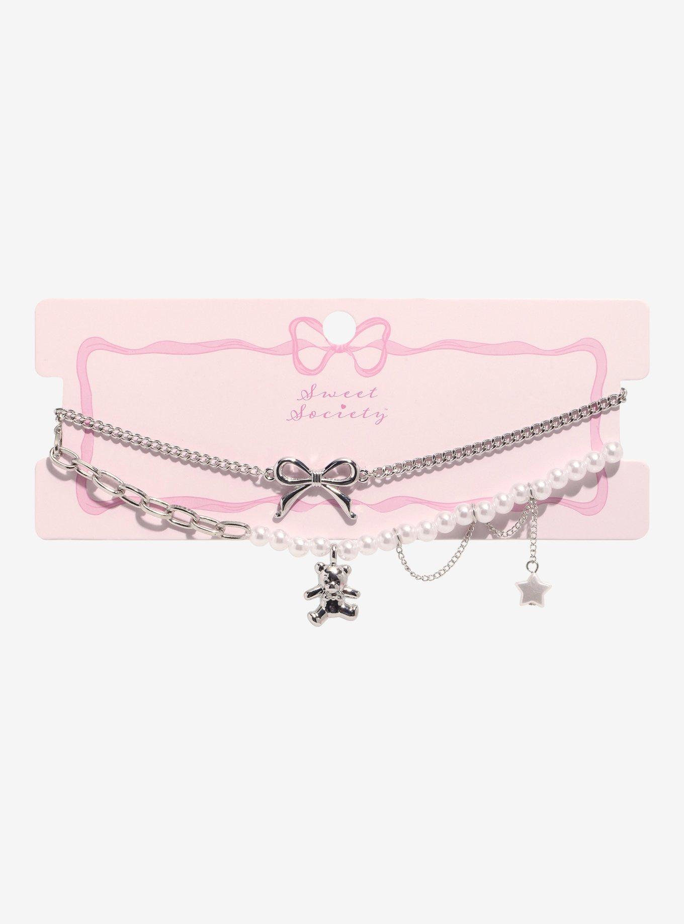 Sweet Society Teddy Bear Bow Pearl Choker Necklace Set, , hi-res