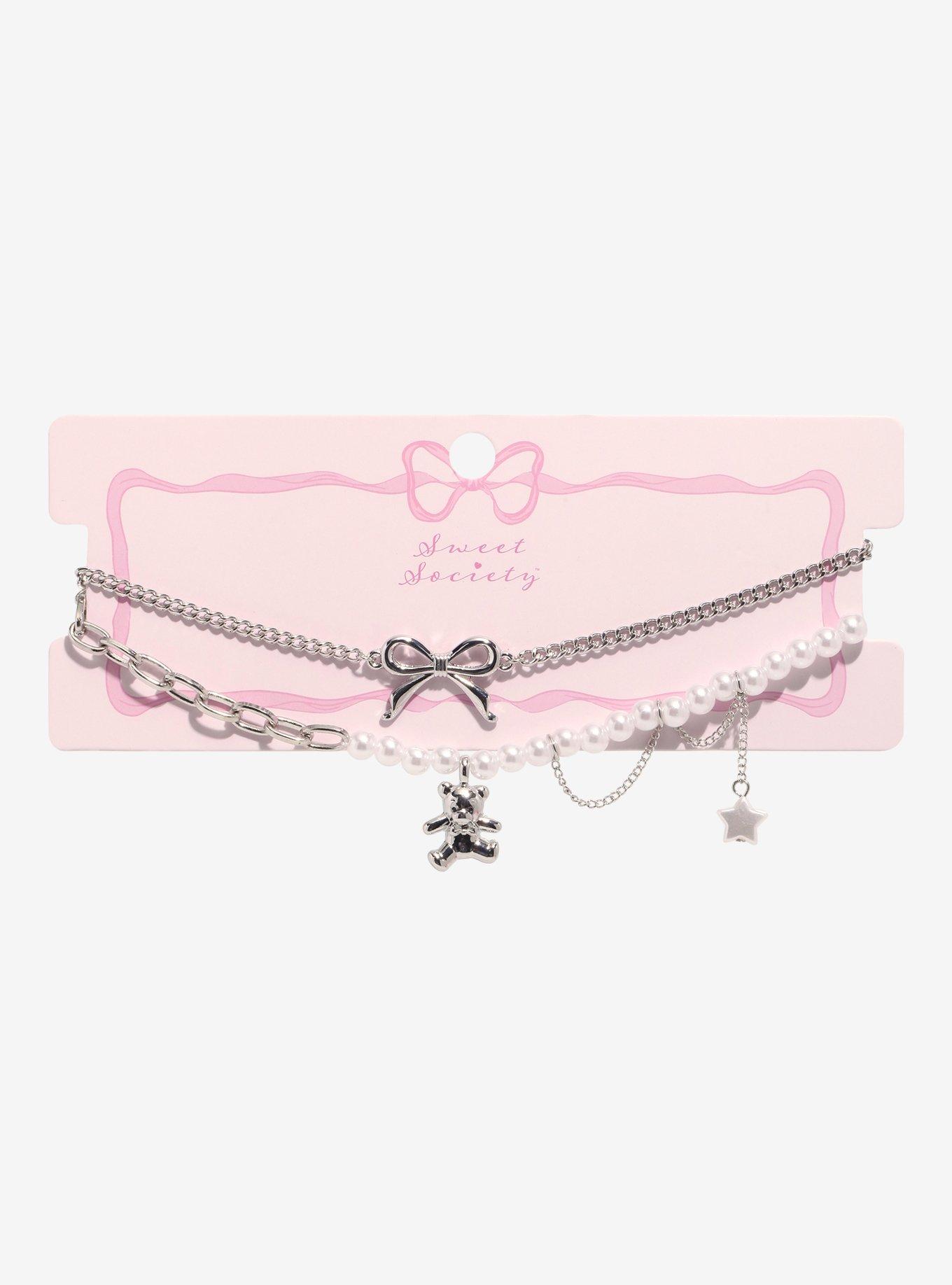 Sweet Society Teddy Bear Bow Pearl Choker Necklace Set, , hi-res