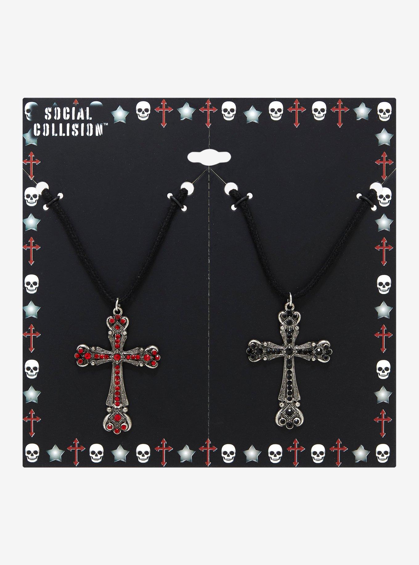 Social Collision Gem Cross Best Friend Cord Necklace Set, , hi-res