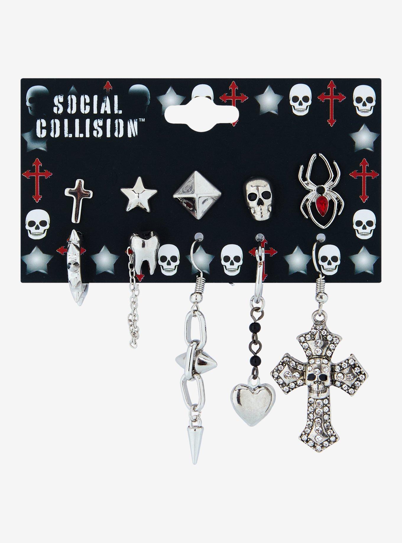 Social Collision Skull Spike Mismatch Earring Set, , hi-res