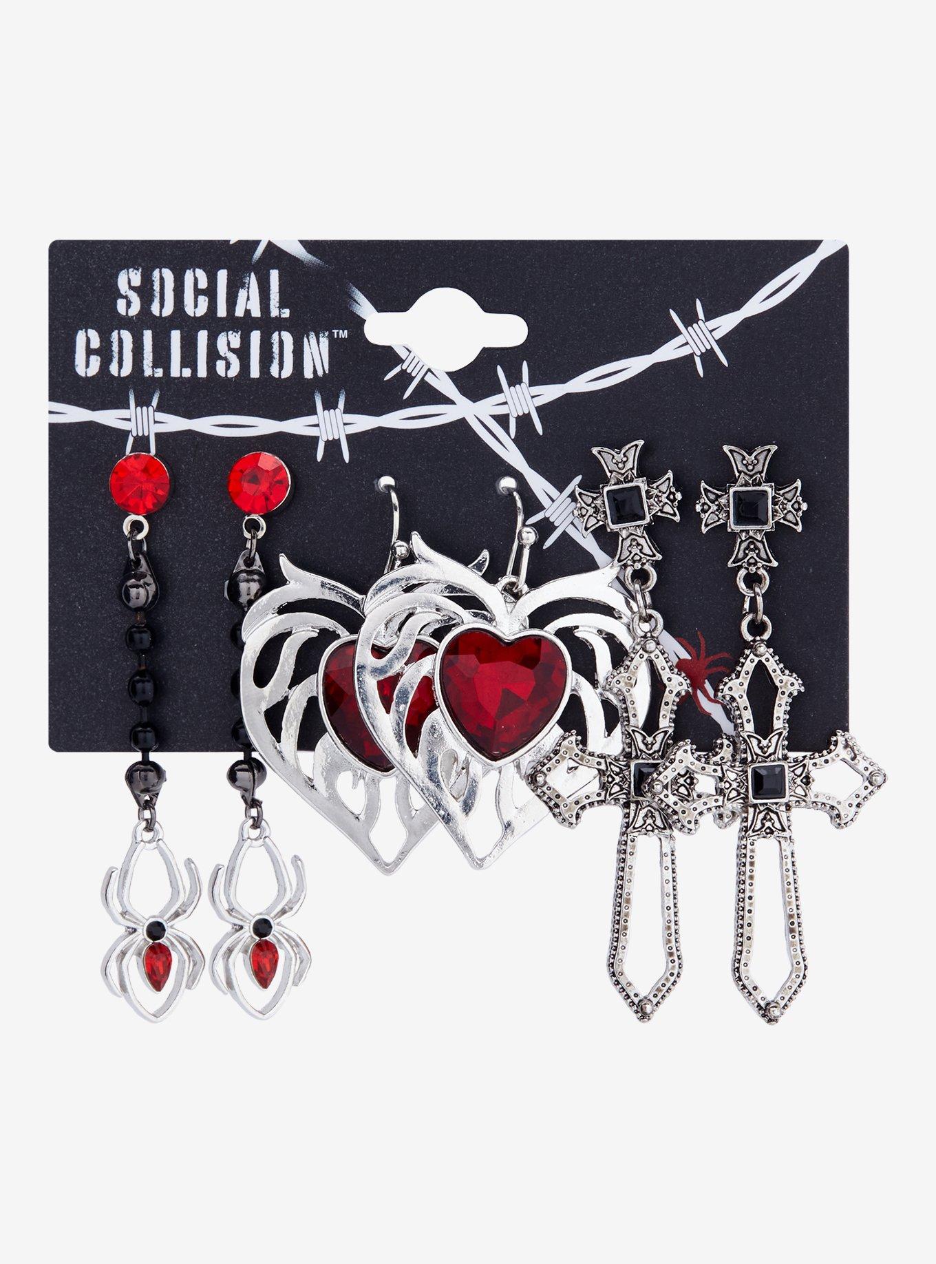 Social Collision Flame Heart Spider Cross Drop Earring Set, , hi-res