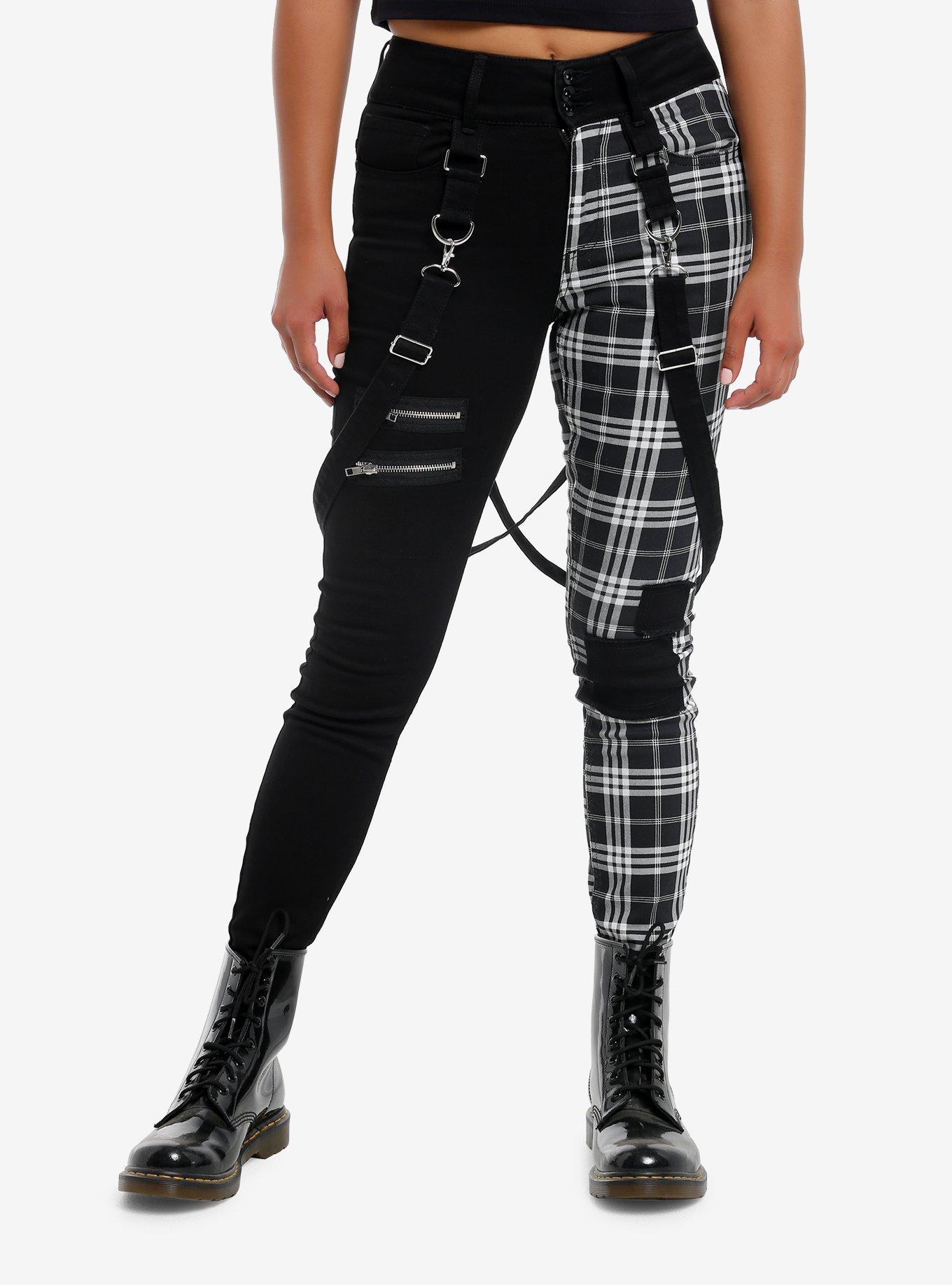 Black & White Plaid Split Suspender Hi-Rise Skinny Jeans, , hi-res