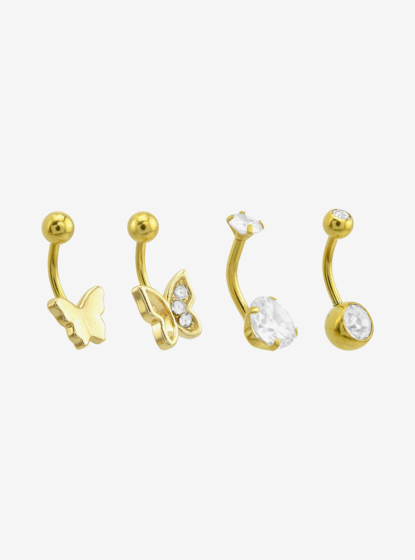 14G Steel Gold Butterfly & Gem Navel Barbell 4 Pack, , hi-res