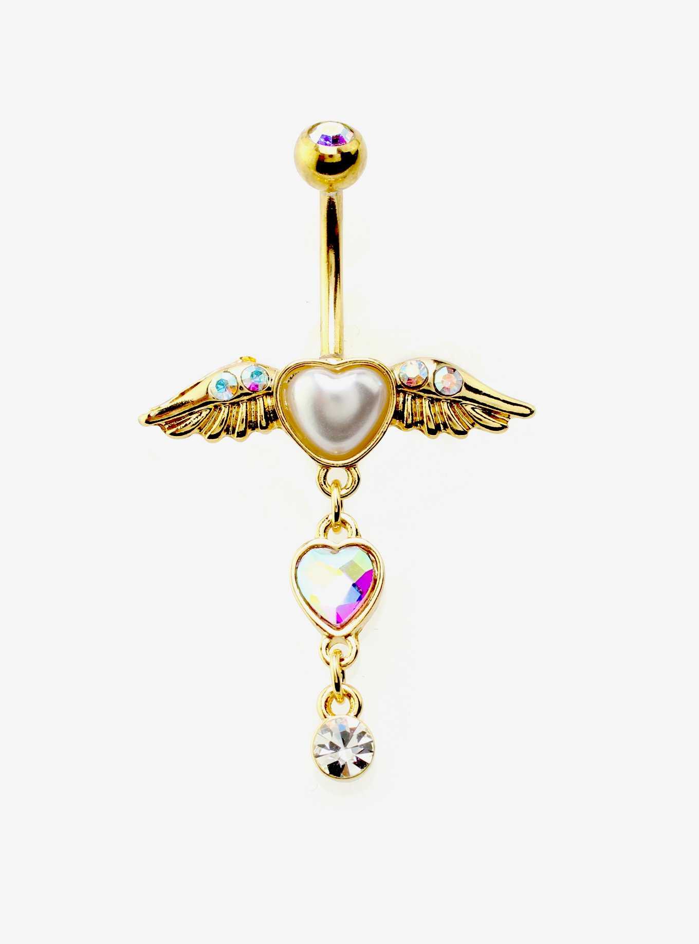 Steel Gold Winged Heart Navel Barbell, , hi-res