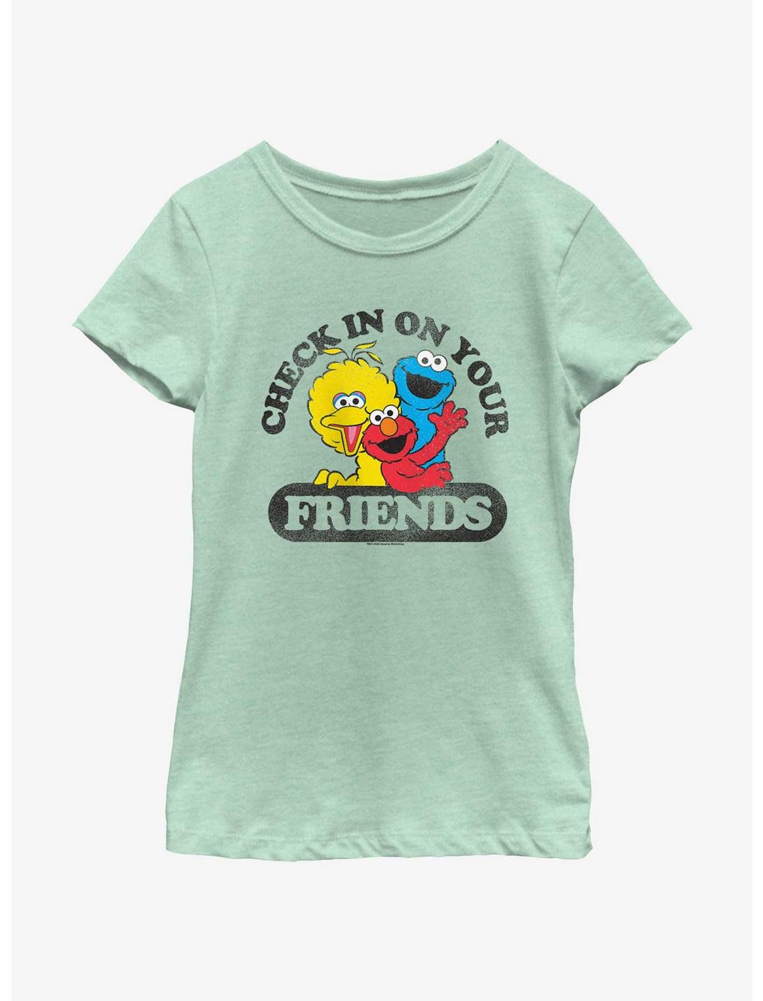 Sesame Street Check In On Your Friends Big Bird Cookie Monster and Elmo Youth Girls T-Shirt, MINT, hi-res
