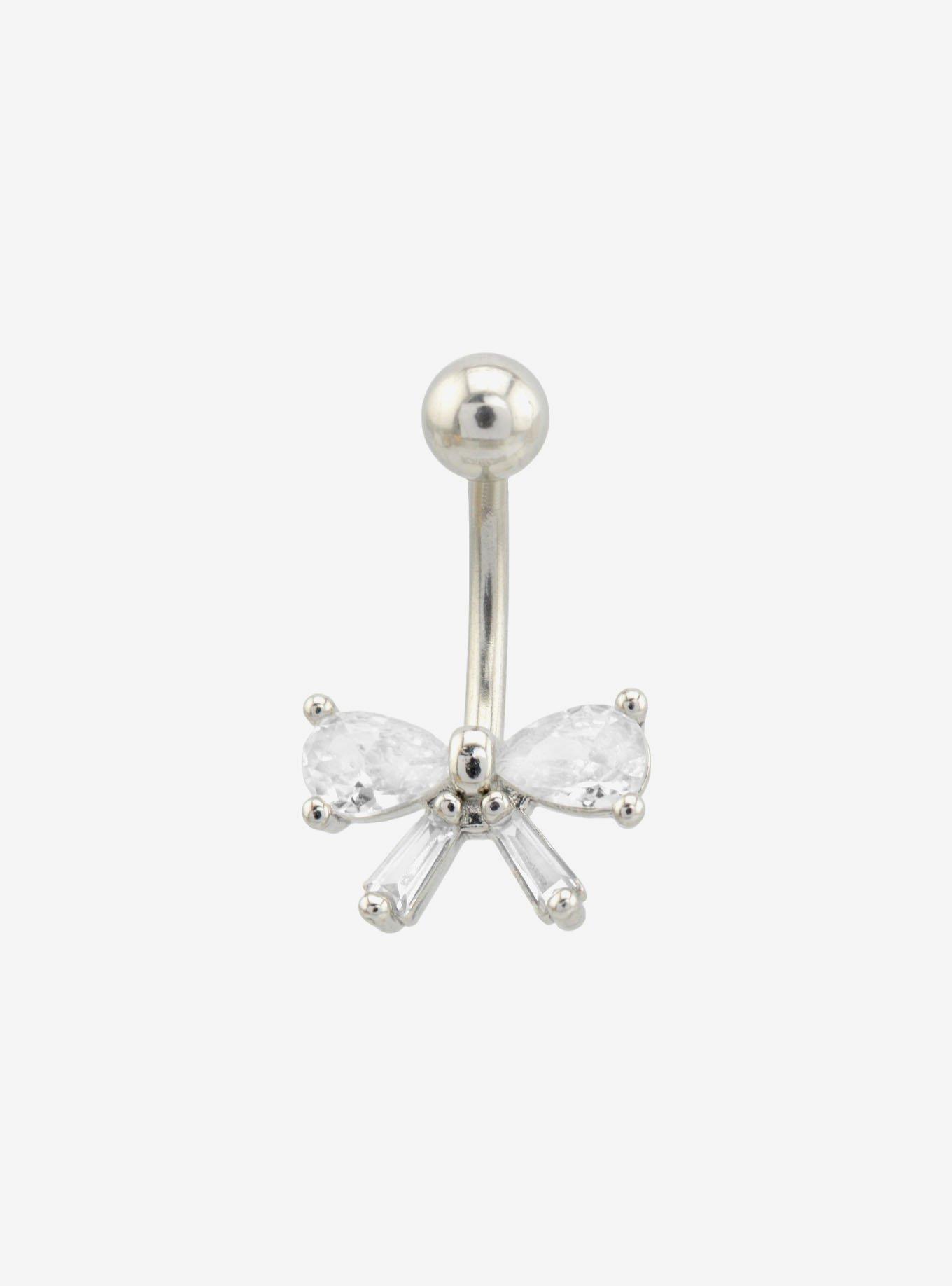 14G Steel Silver CZ Bow Navel Barbell, , hi-res
