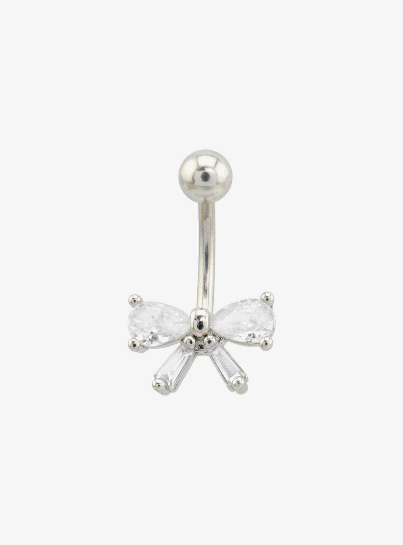 14G Steel Silver CZ Bow Navel Barbell, , hi-res