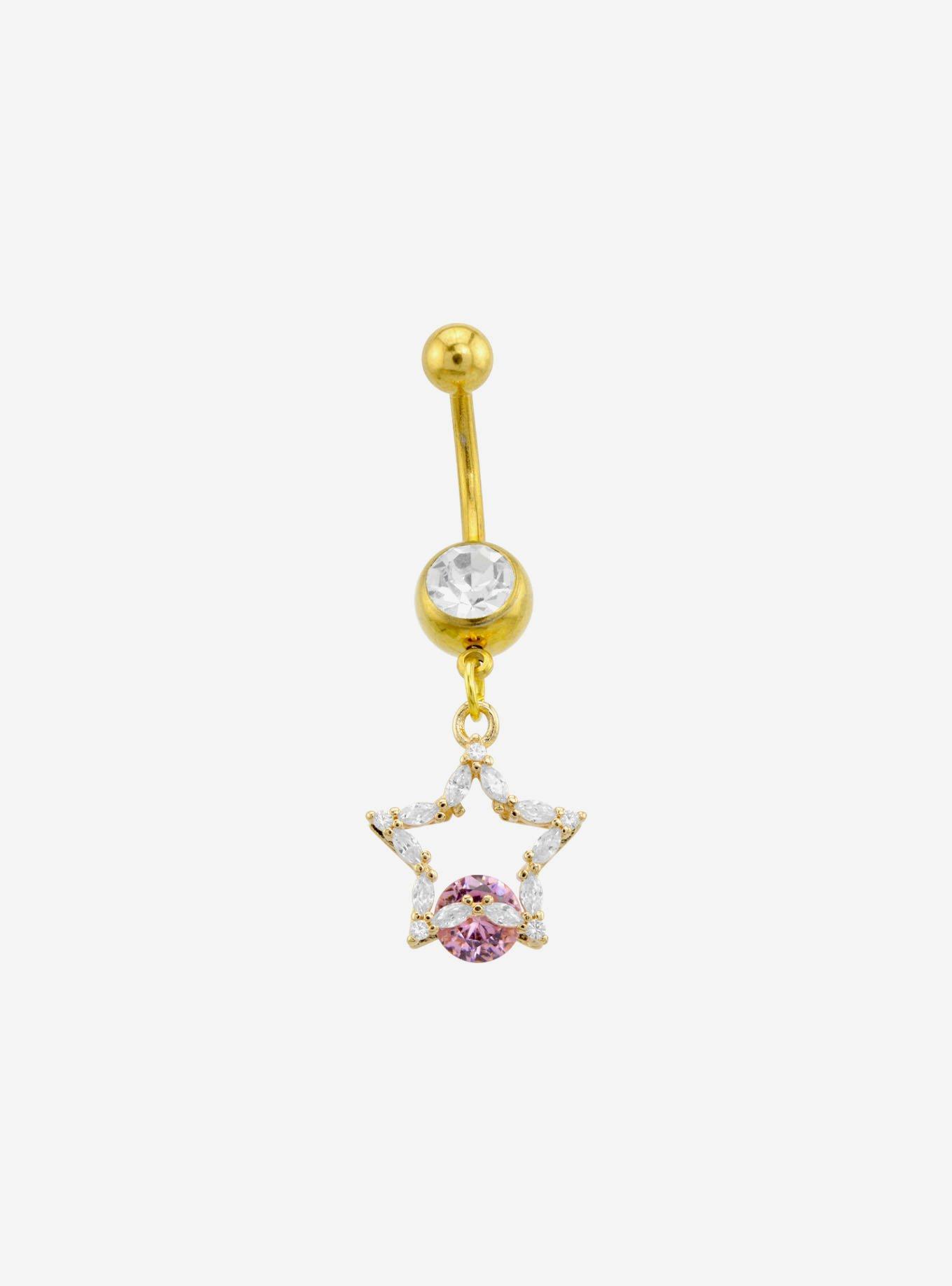 14G Steel Gold Bling Star Navel Barbell, , hi-res