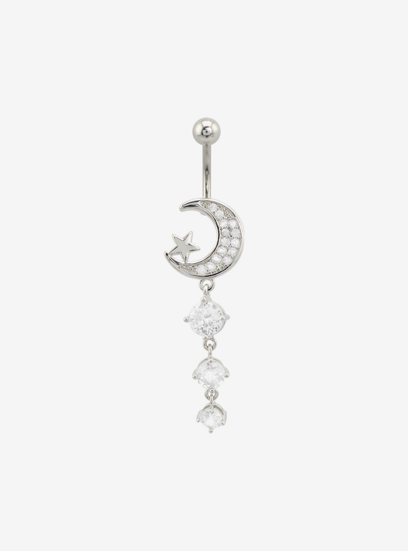 14G Steel Silver Bling Moon Navel Barbell, , hi-res