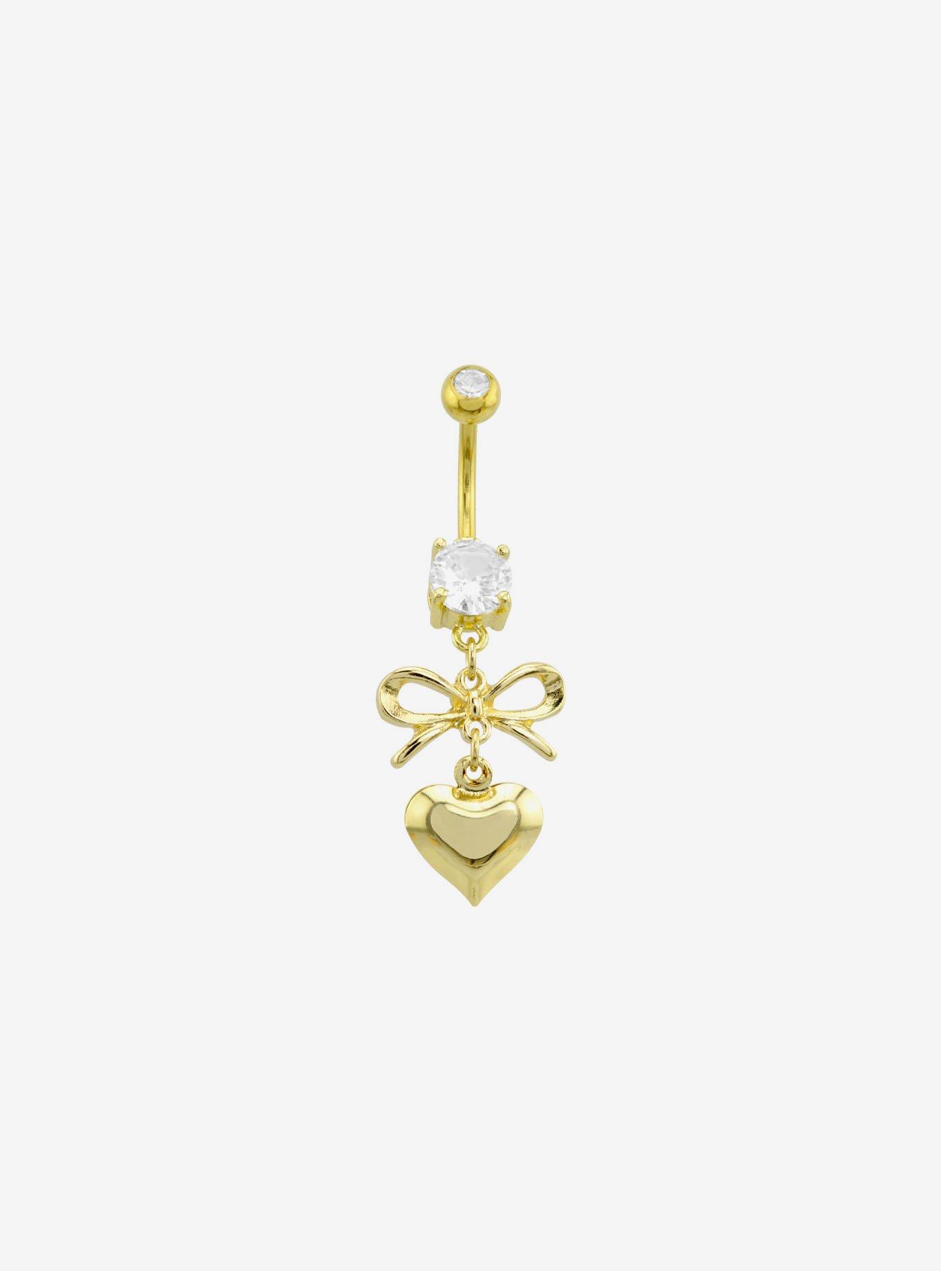 14G Steel Gold Heart Bow Navel Barbell, , hi-res