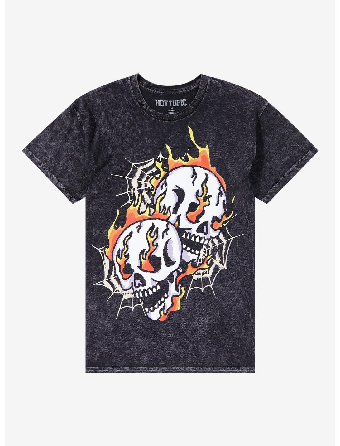 Fire Skull Spiderweb Dark Wash T-Shirt, HEATHER GREY, hi-res
