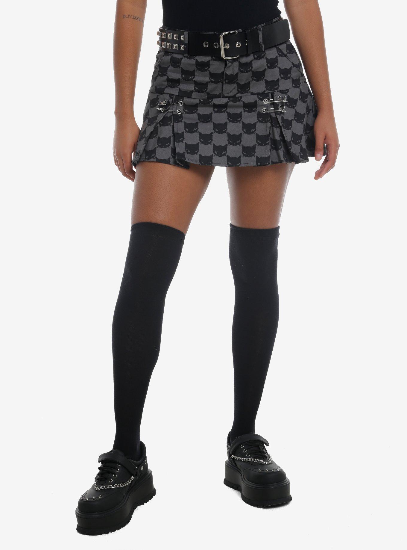 Emily The Strange Cats Pleated Skirt With Belt, BLACK, hi-res