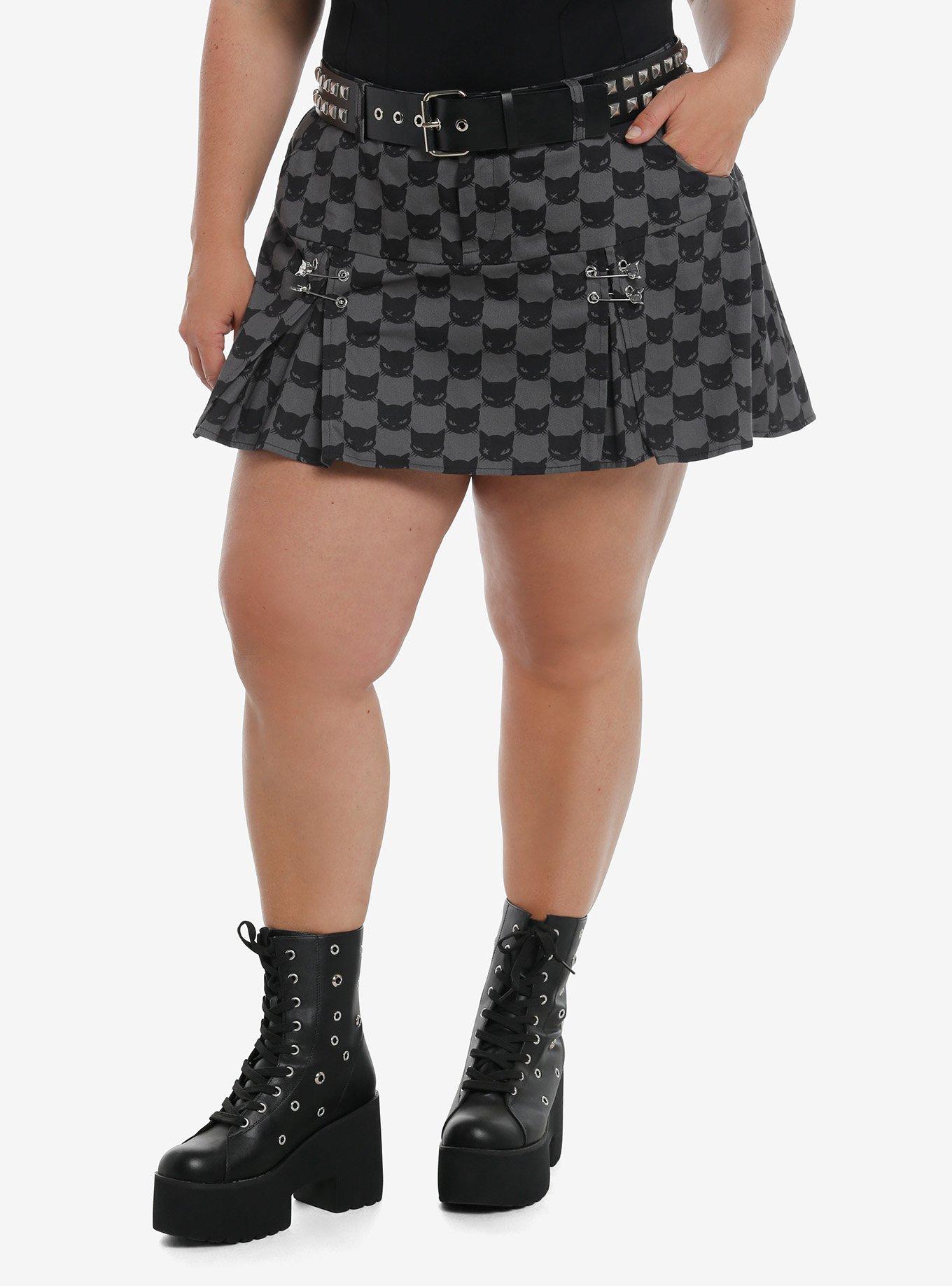 Emily The Strange Cats Pleated Skirt With Belt Plus Size, BLACK, hi-res