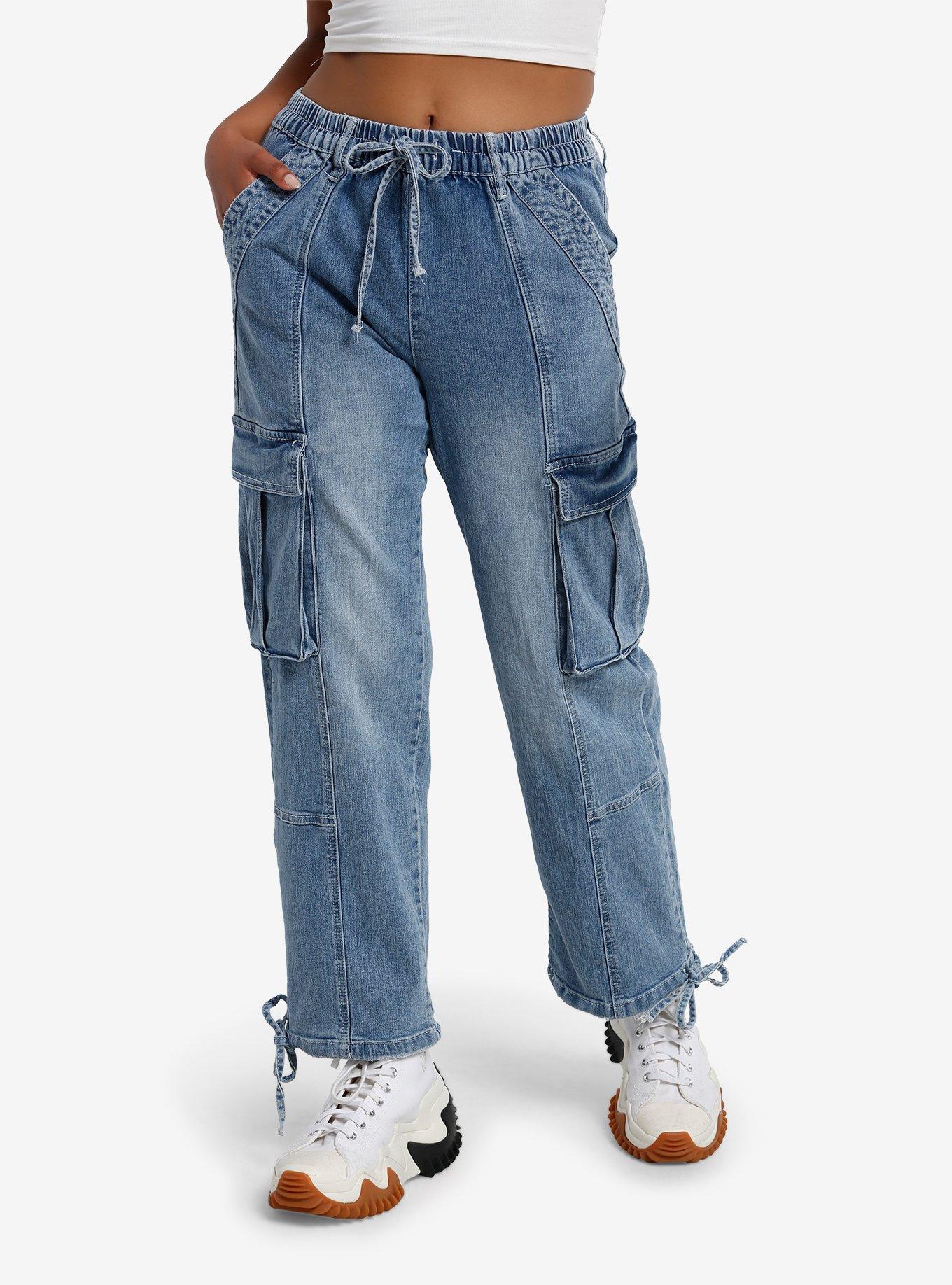 Light Indigo Cargo Girls Wide Leg Jeans