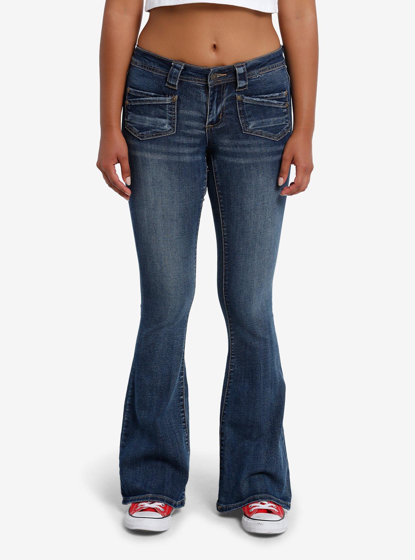 Indigo Front Pocket Low-Rise Girls Flare Jeans, , hi-res