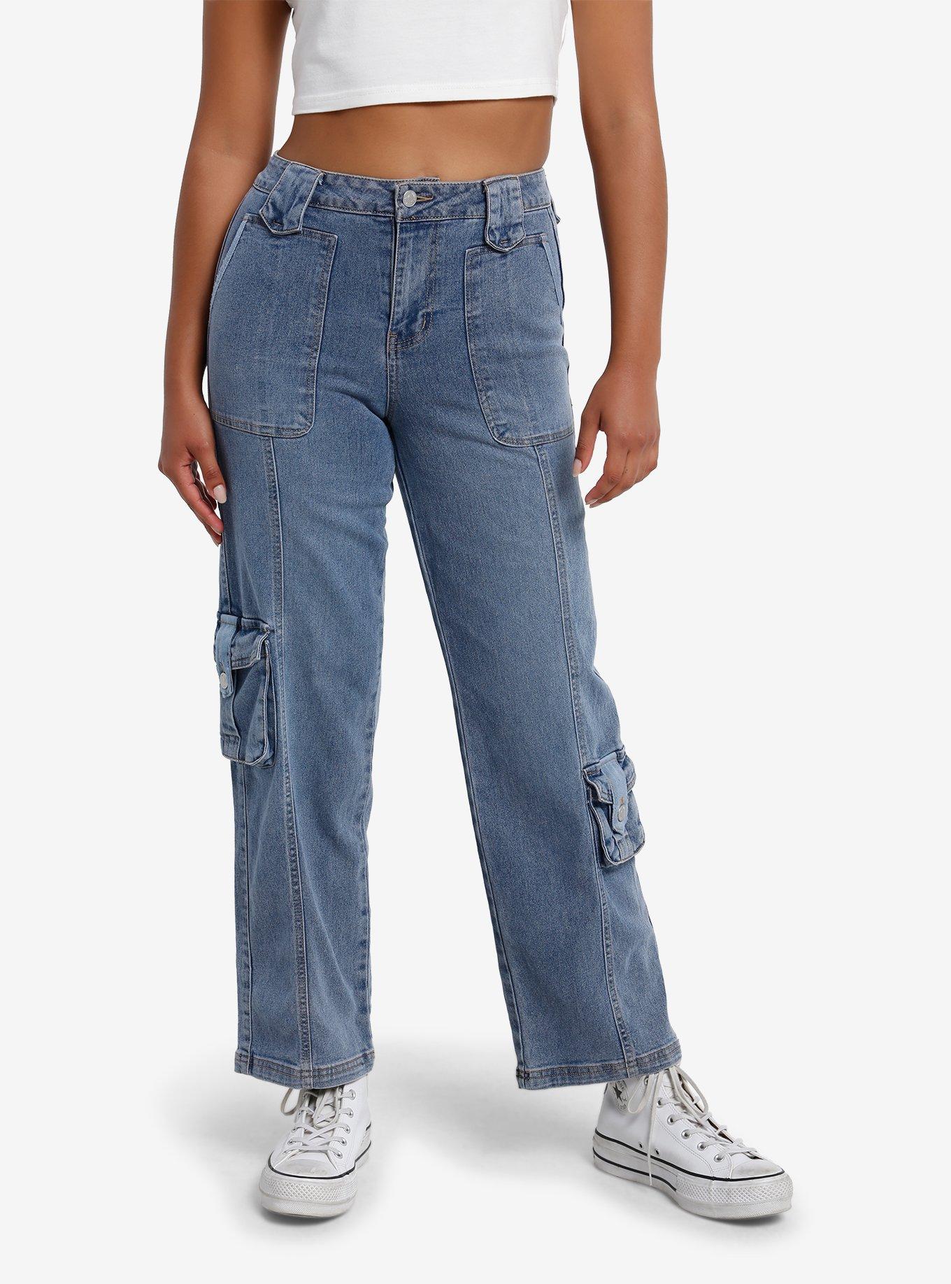 Light Indigo Cargo Girls Straight Leg Jeans, , hi-res