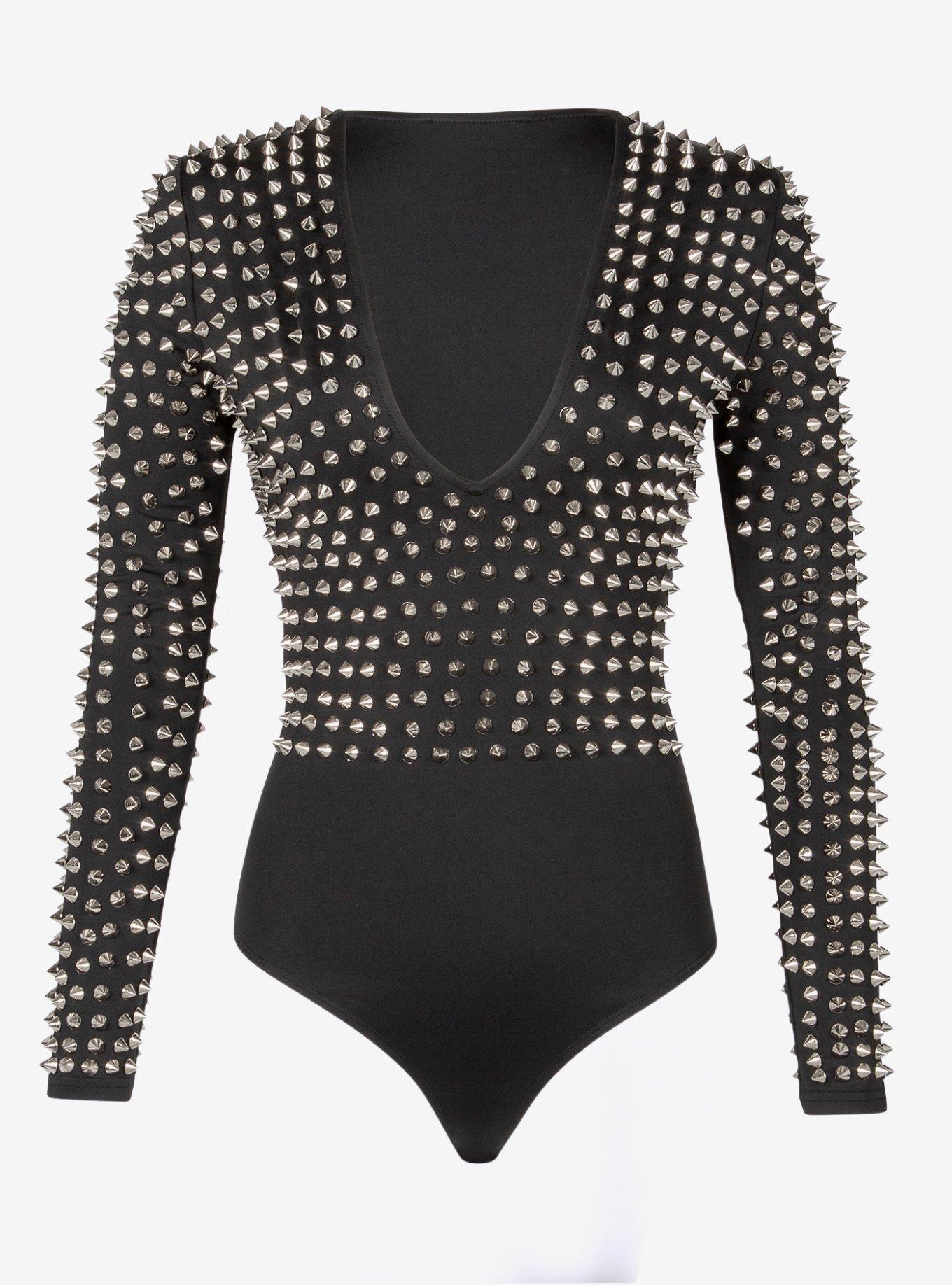 Black Studded Long Sleeve Bodysuit, BLACK, hi-res