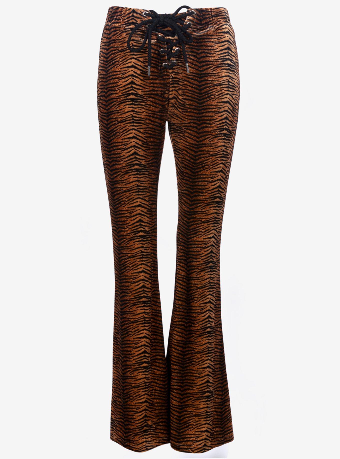 Tiger Animal Print Velvet Flare Bell Bottoms Pants, BROWN, hi-res
