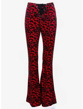 Red Leopard Animal Print Velvet Flare Bell Bottoms Pants, , hi-res