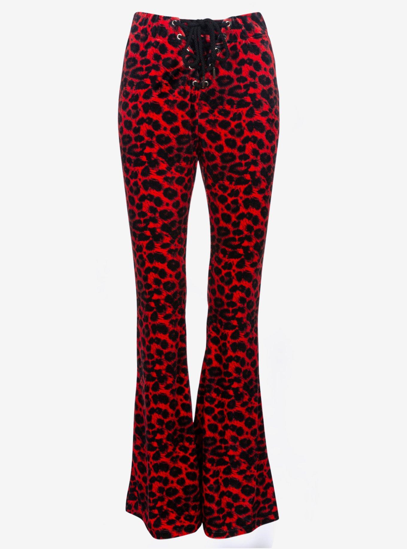 Red Leopard Animal Print Velvet Flare Bell Bottoms Pants, RED, hi-res