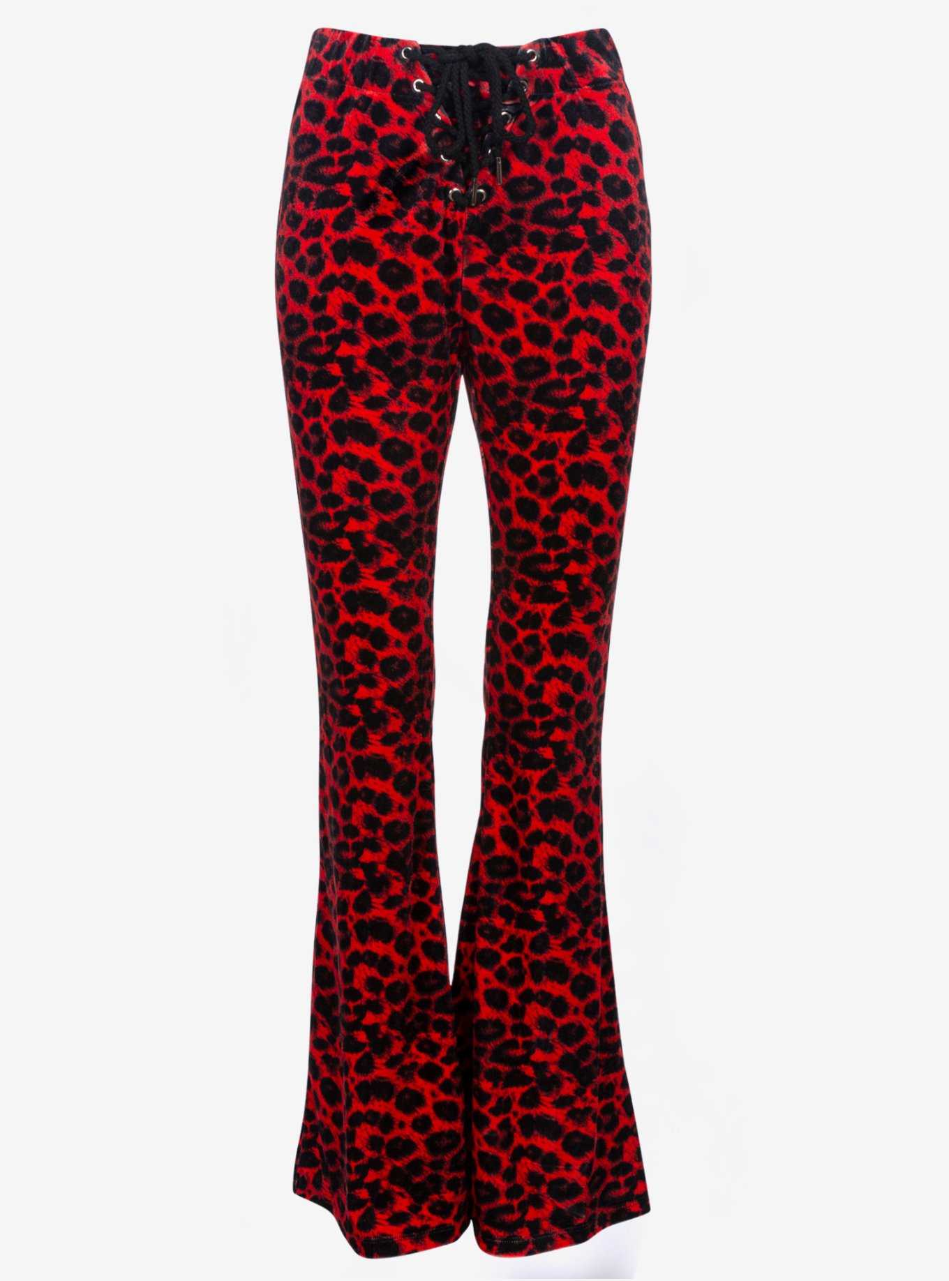 Red Leopard Animal Print Velvet Flare Bell Bottoms Pants, , hi-res