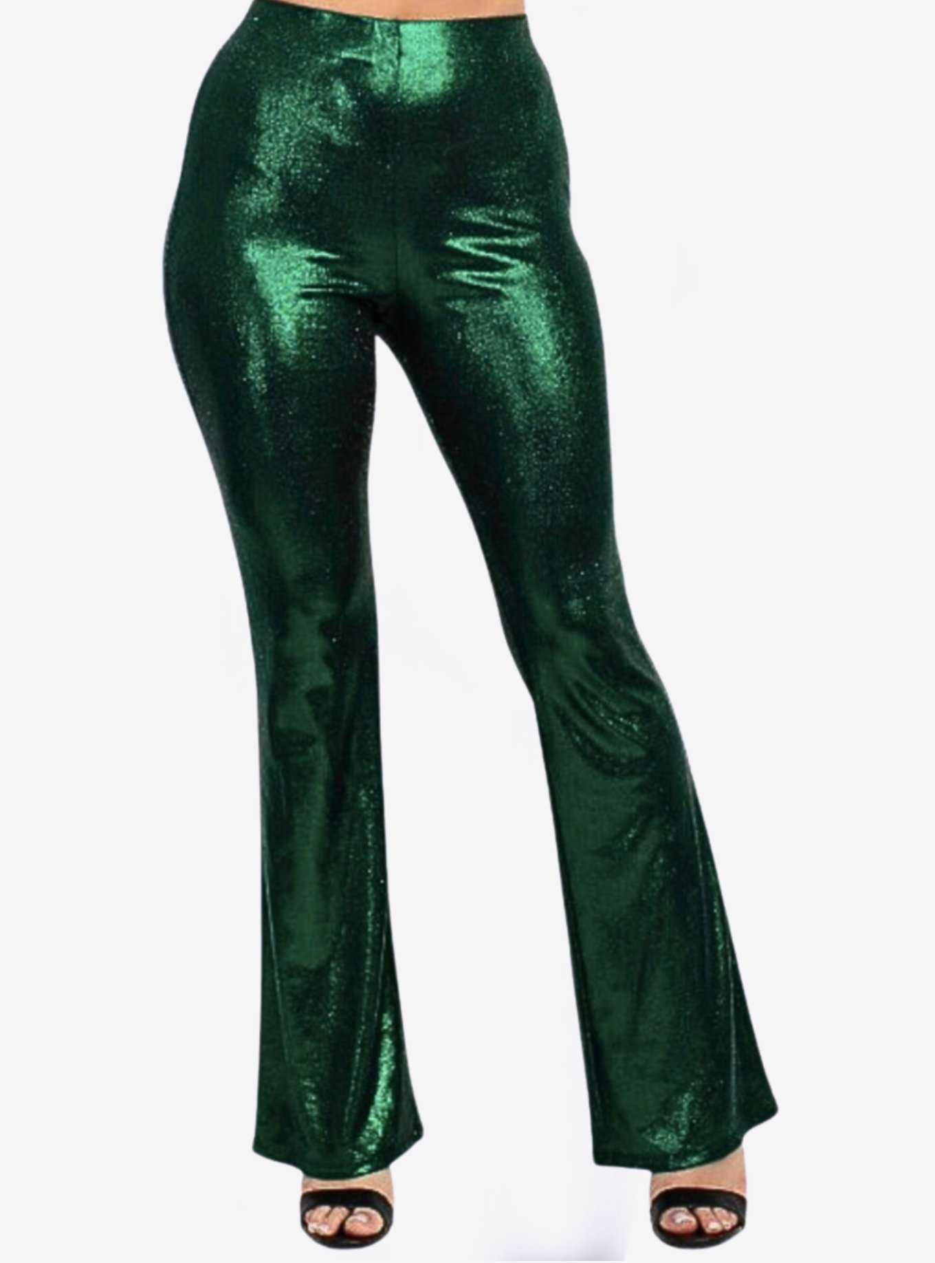 Lucky One Green Metallic Glitter Flare Bell Bottoms Pants, , hi-res