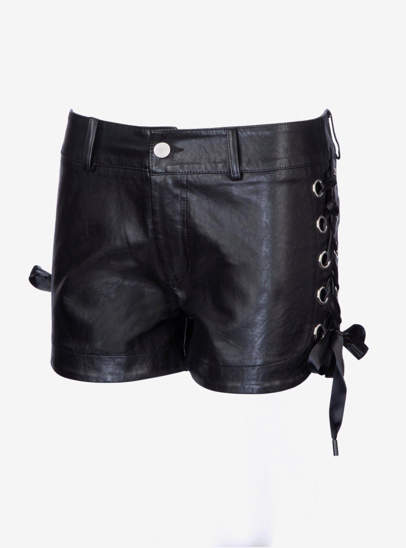 Faux Leather Lace Up Shorts, BLACK, hi-res
