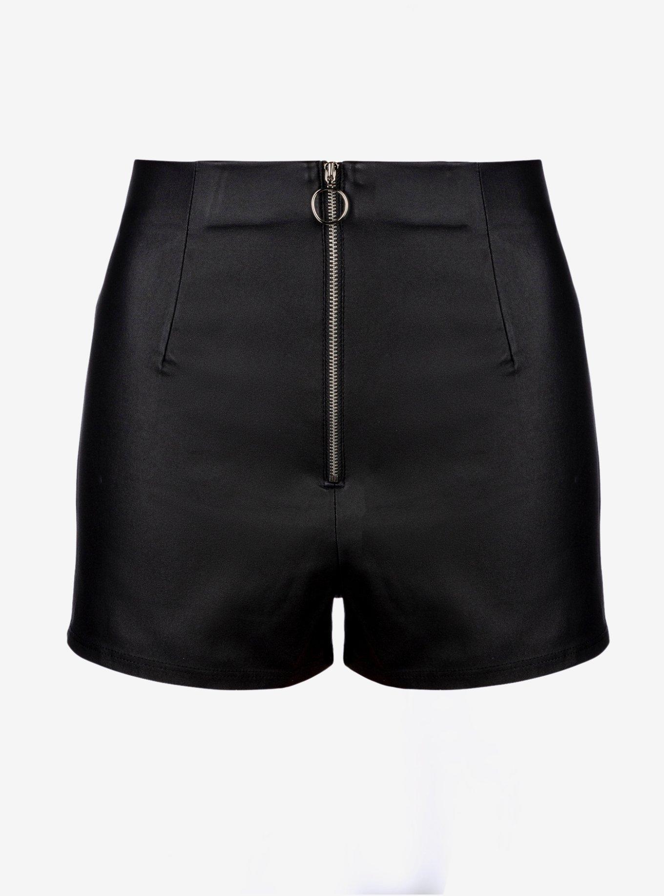 High Waisted Faux Leather Shorts with Zipper, BLACK, hi-res