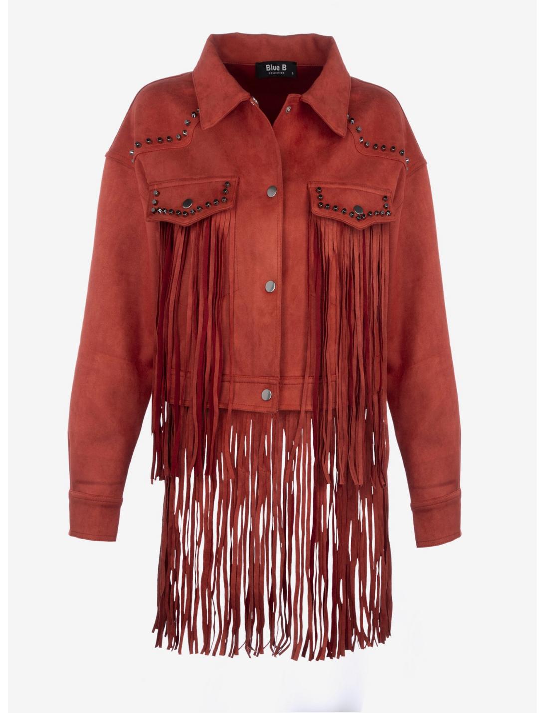 Festival Ready Red Fringe Jacket with Studs, RED, hi-res