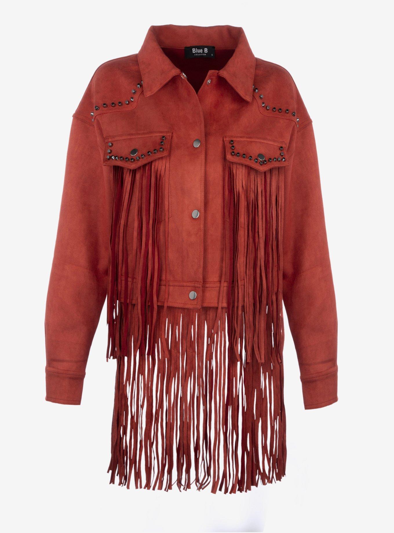 Festival Ready Red Fringe Jacket with Studs, , hi-res