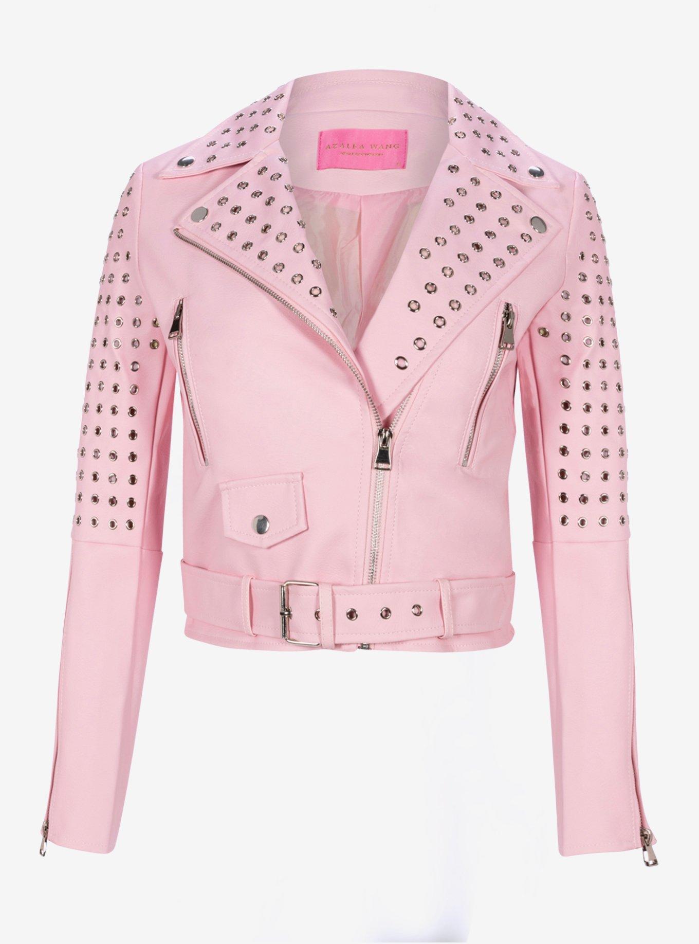 Studded Pink Faux Leather Moto Jacket, PINK, hi-res