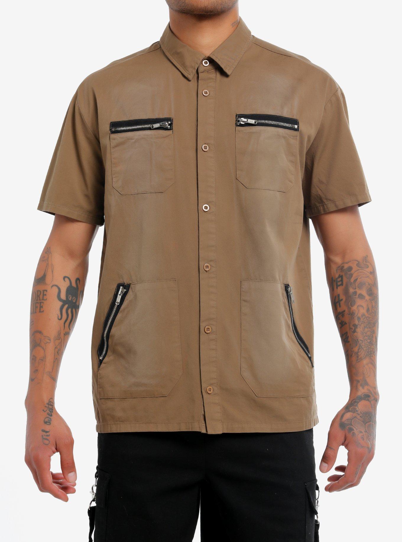 Thorn & Fable Brown Utility Pocket Woven Button-Up, , hi-res
